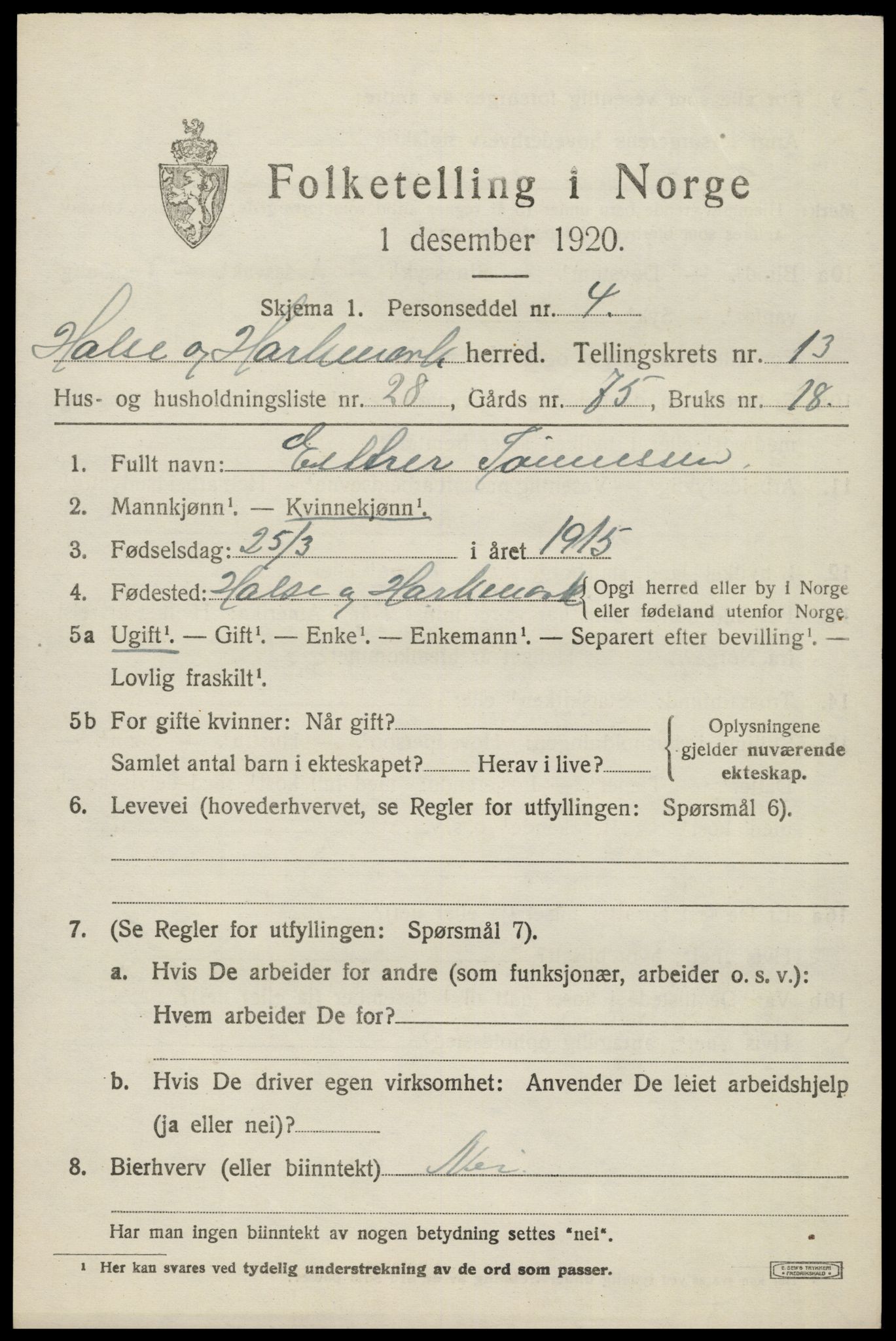 SAK, 1920 census for Halse og Harkmark, 1920, p. 7243
