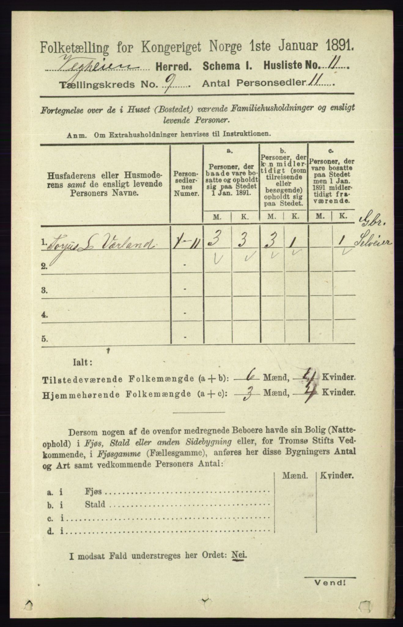 RA, 1891 census for 0912 Vegårshei, 1891, p. 1722