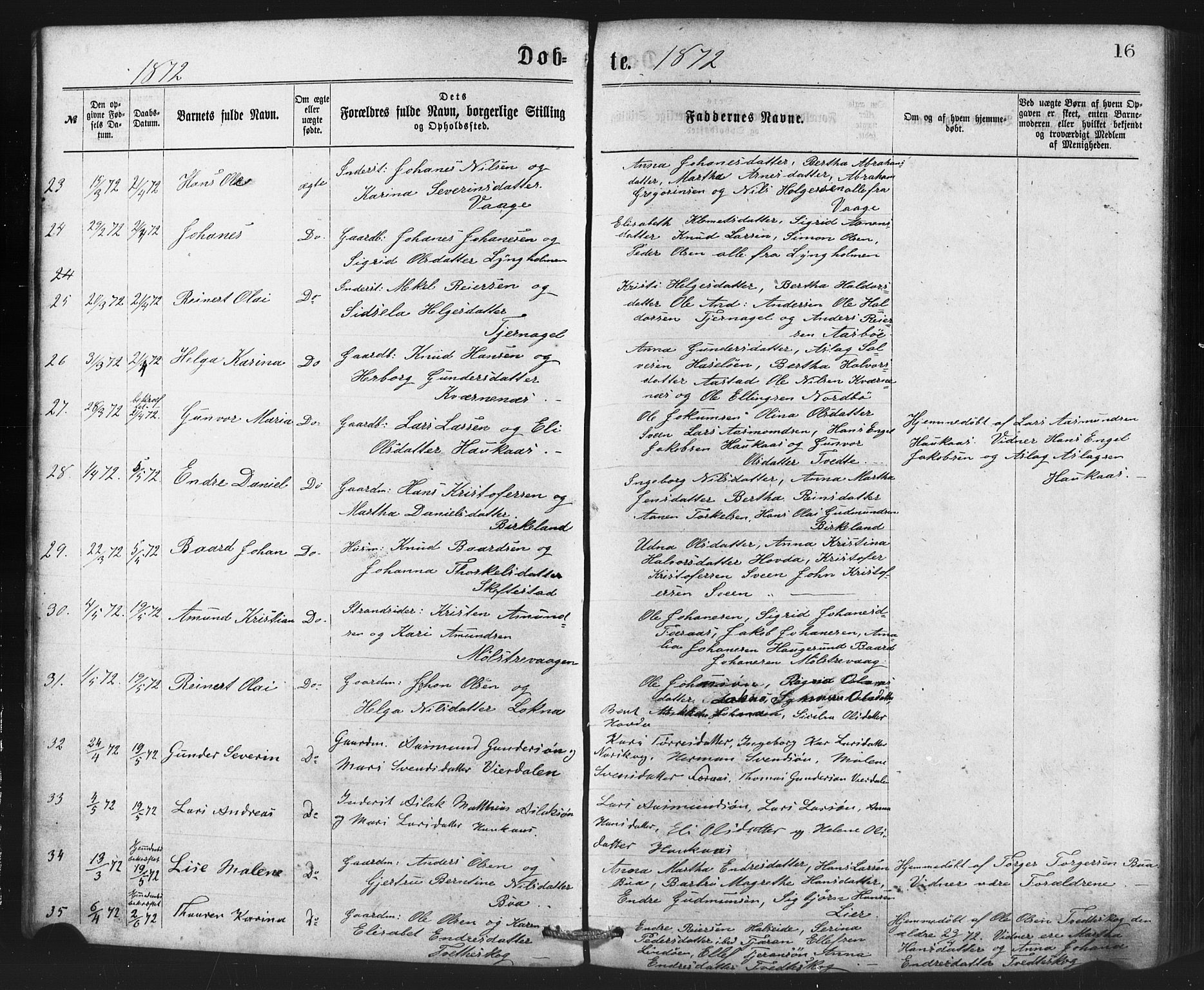 Sveio Sokneprestembete, AV/SAB-A-78501/H/Haa: Parish register (official) no. B 1, 1870-1883, p. 16