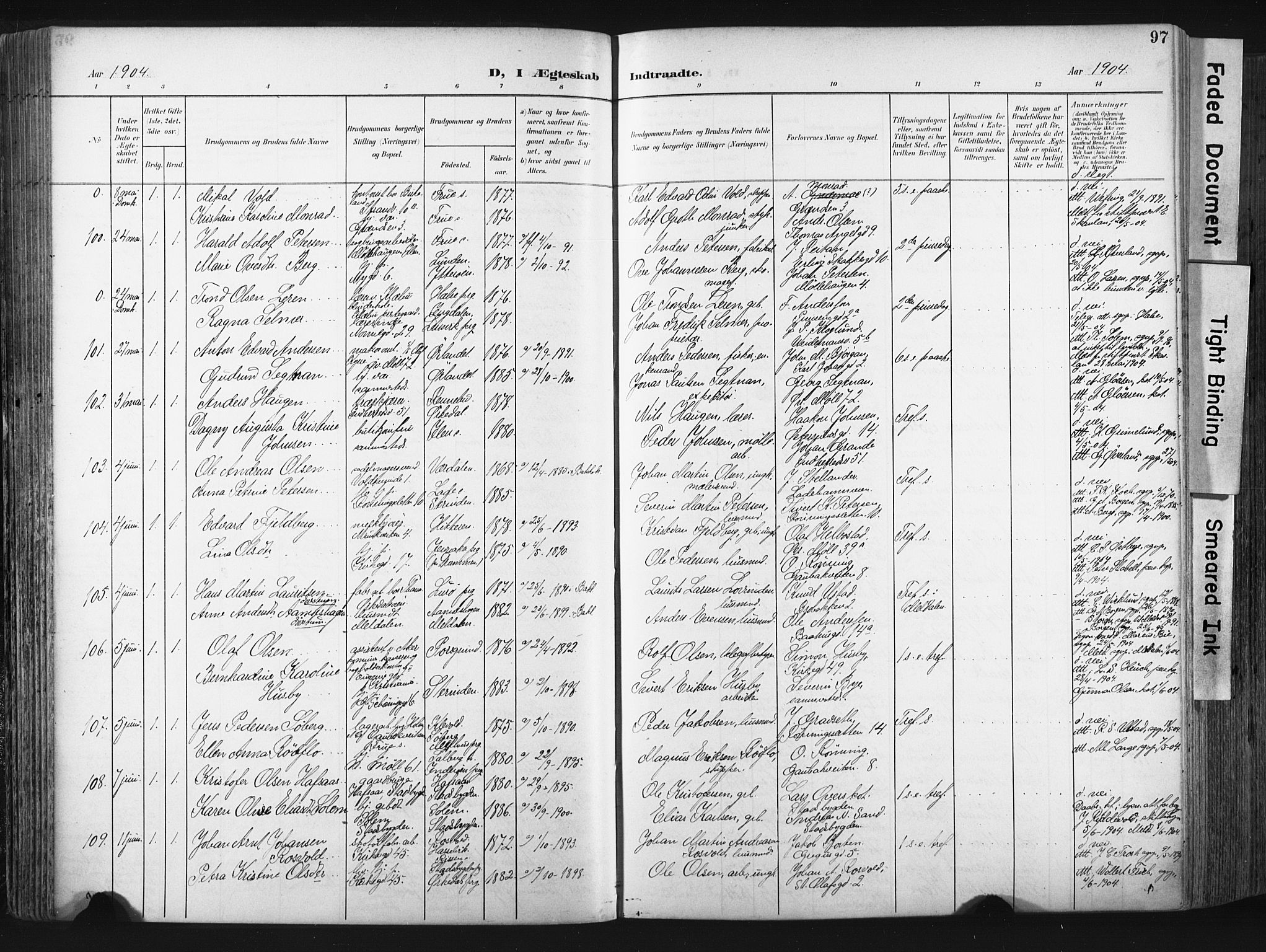 Ministerialprotokoller, klokkerbøker og fødselsregistre - Sør-Trøndelag, SAT/A-1456/604/L0201: Parish register (official) no. 604A21, 1901-1911, p. 97