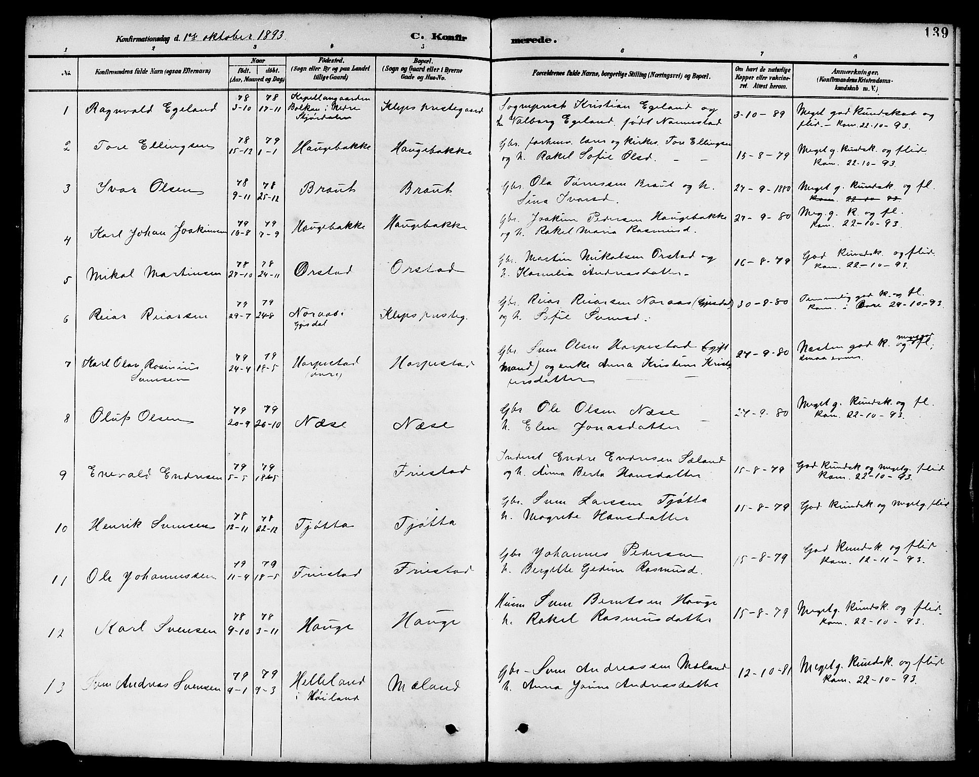 Klepp sokneprestkontor, SAST/A-101803/001/3/30BB/L0004: Parish register (copy) no. B 4, 1889-1914, p. 139