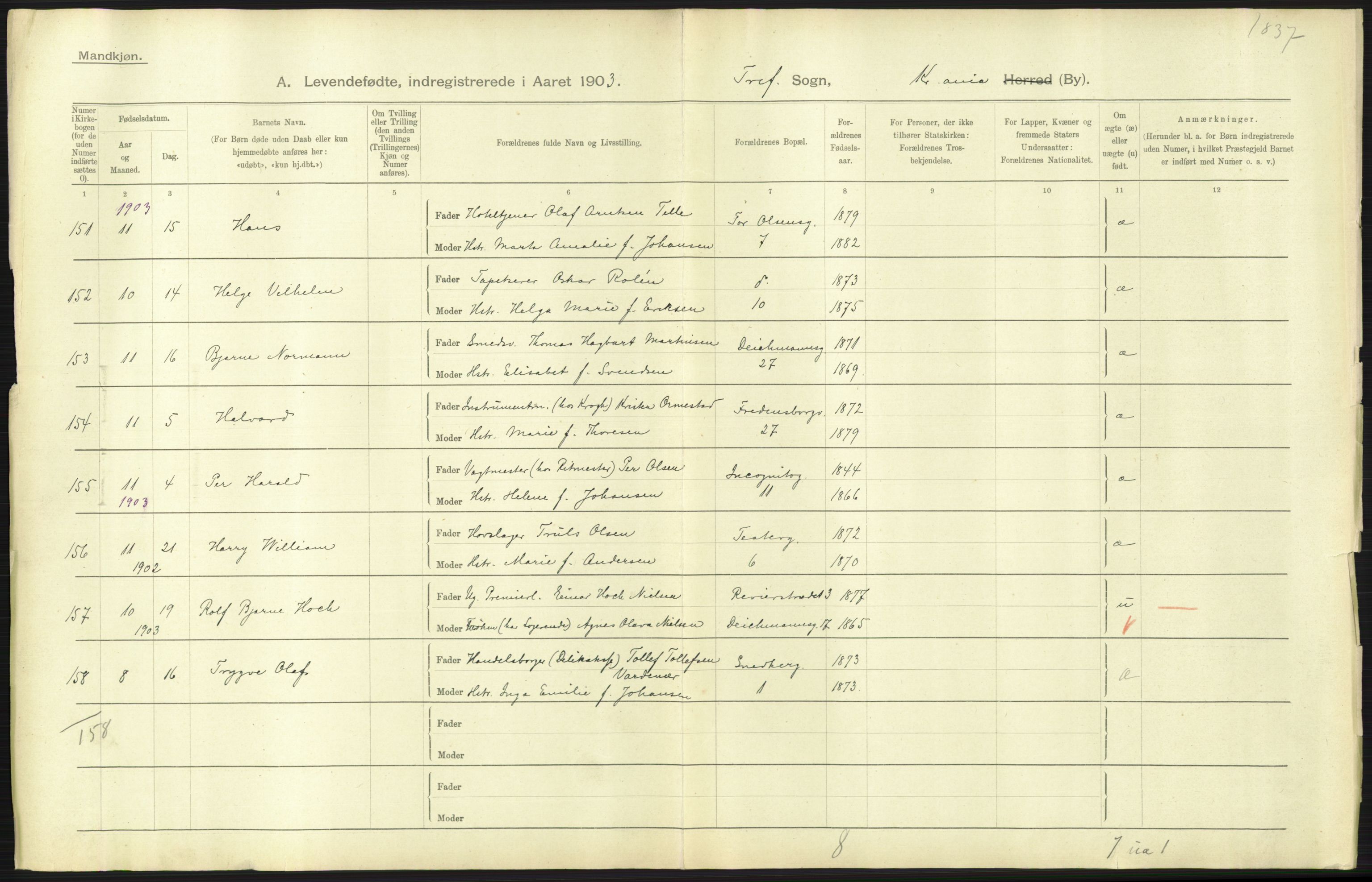 Statistisk sentralbyrå, Sosiodemografiske emner, Befolkning, AV/RA-S-2228/D/Df/Dfa/Dfaa/L0003: Kristiania: Fødte, 1903, p. 251