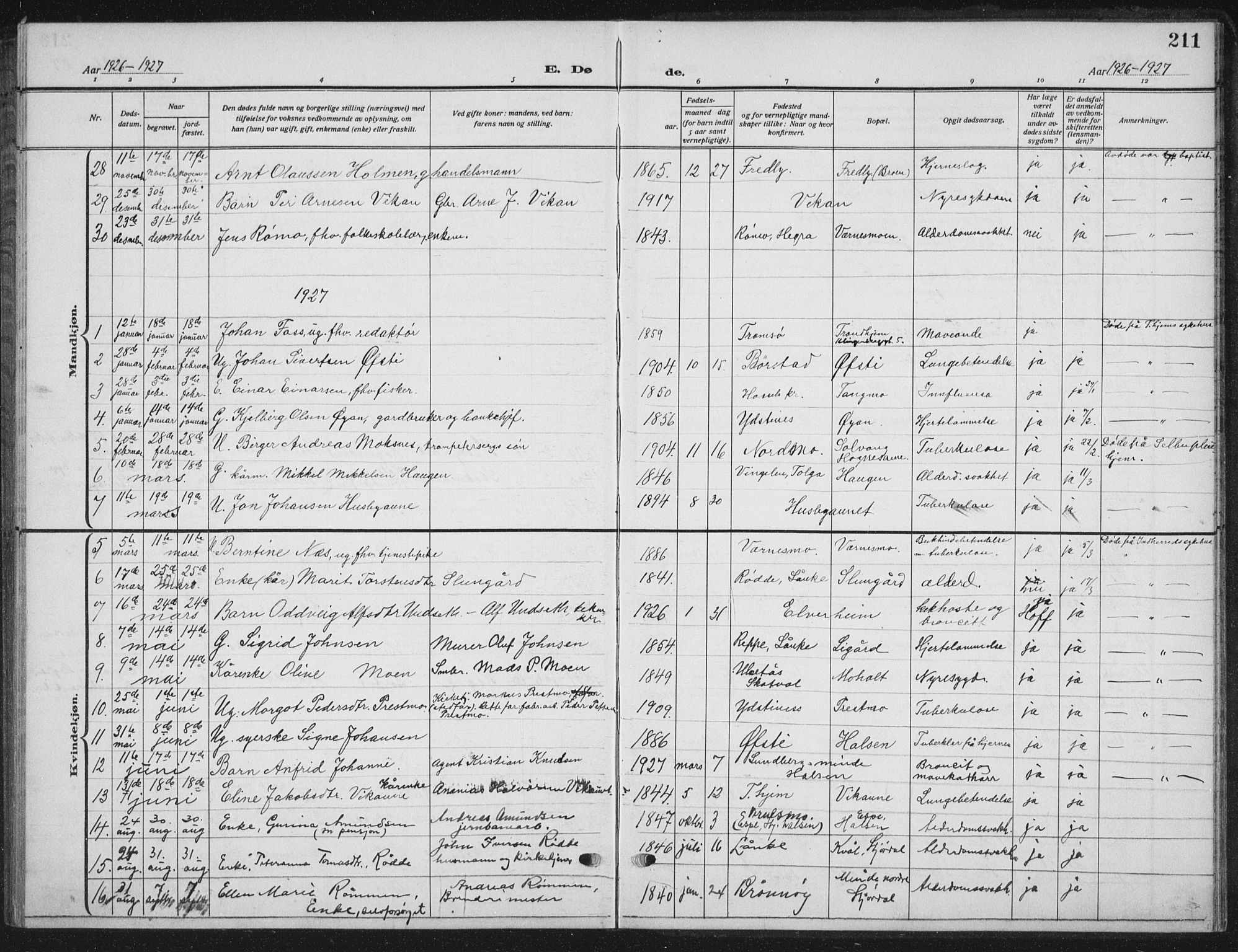 Ministerialprotokoller, klokkerbøker og fødselsregistre - Nord-Trøndelag, SAT/A-1458/709/L0088: Parish register (copy) no. 709C02, 1914-1934, p. 211