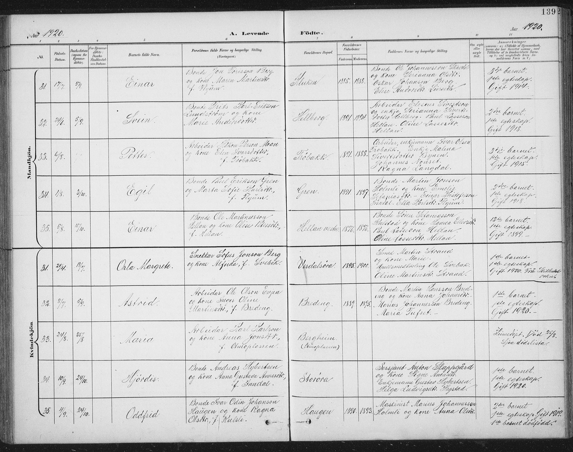 Ministerialprotokoller, klokkerbøker og fødselsregistre - Nord-Trøndelag, AV/SAT-A-1458/724/L0269: Parish register (copy) no. 724C05, 1899-1920, p. 139