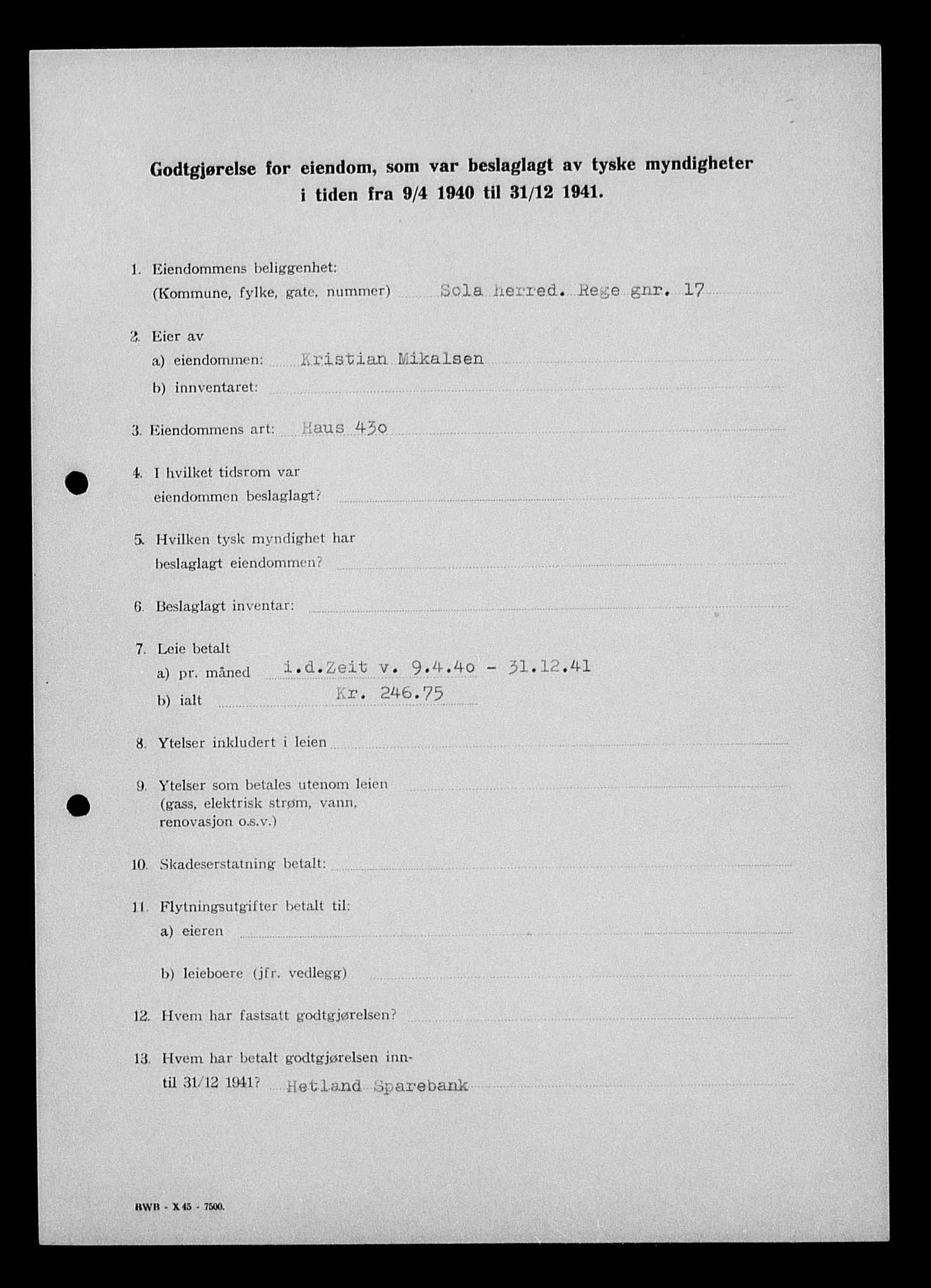 Justisdepartementet, Tilbakeføringskontoret for inndratte formuer, AV/RA-S-1564/I/L1014: Godtgjørelse for beslaglagt eiendom, 1940-1941, p. 525