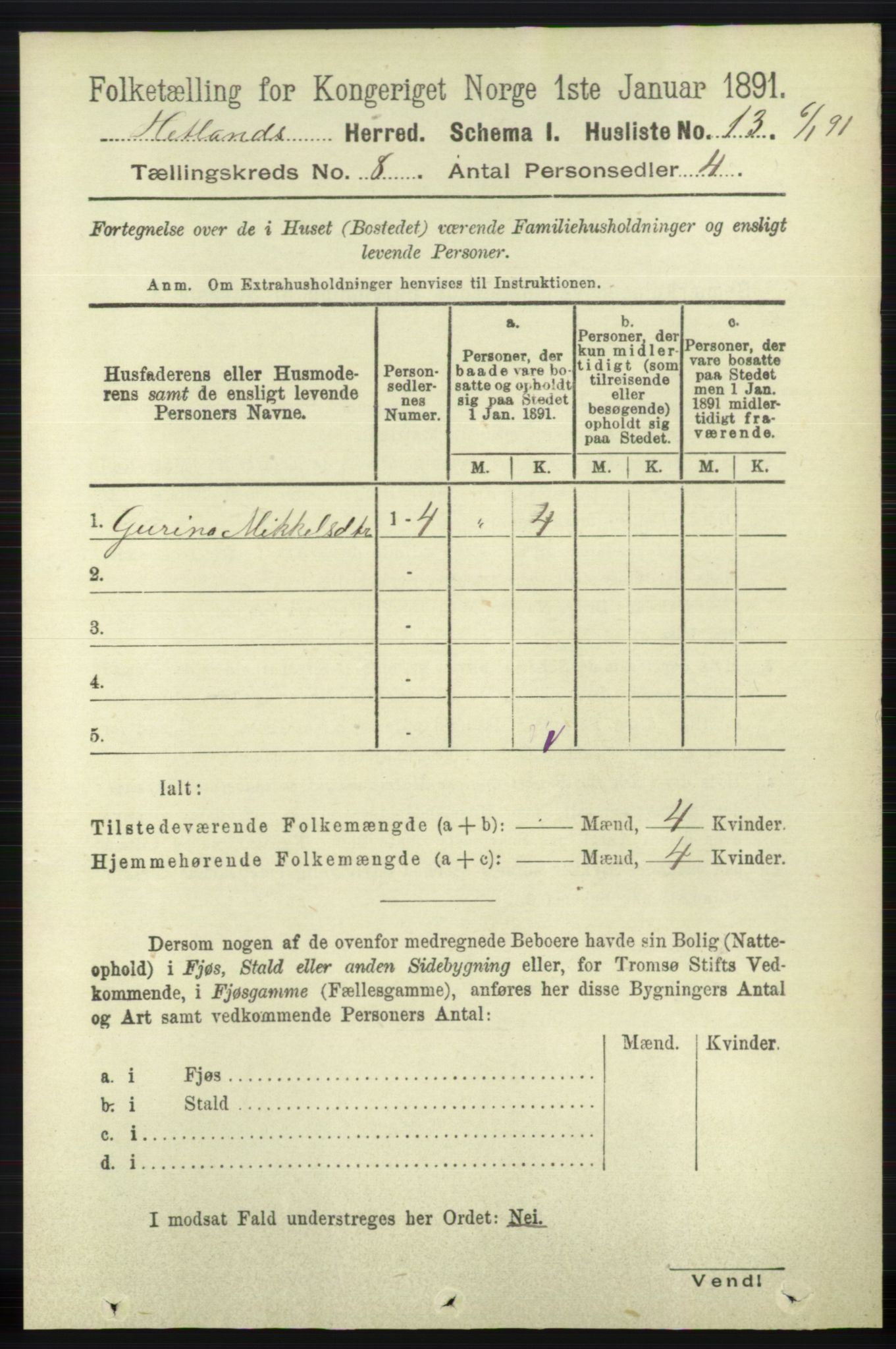 RA, 1891 census for 1126 Hetland, 1891, p. 4363