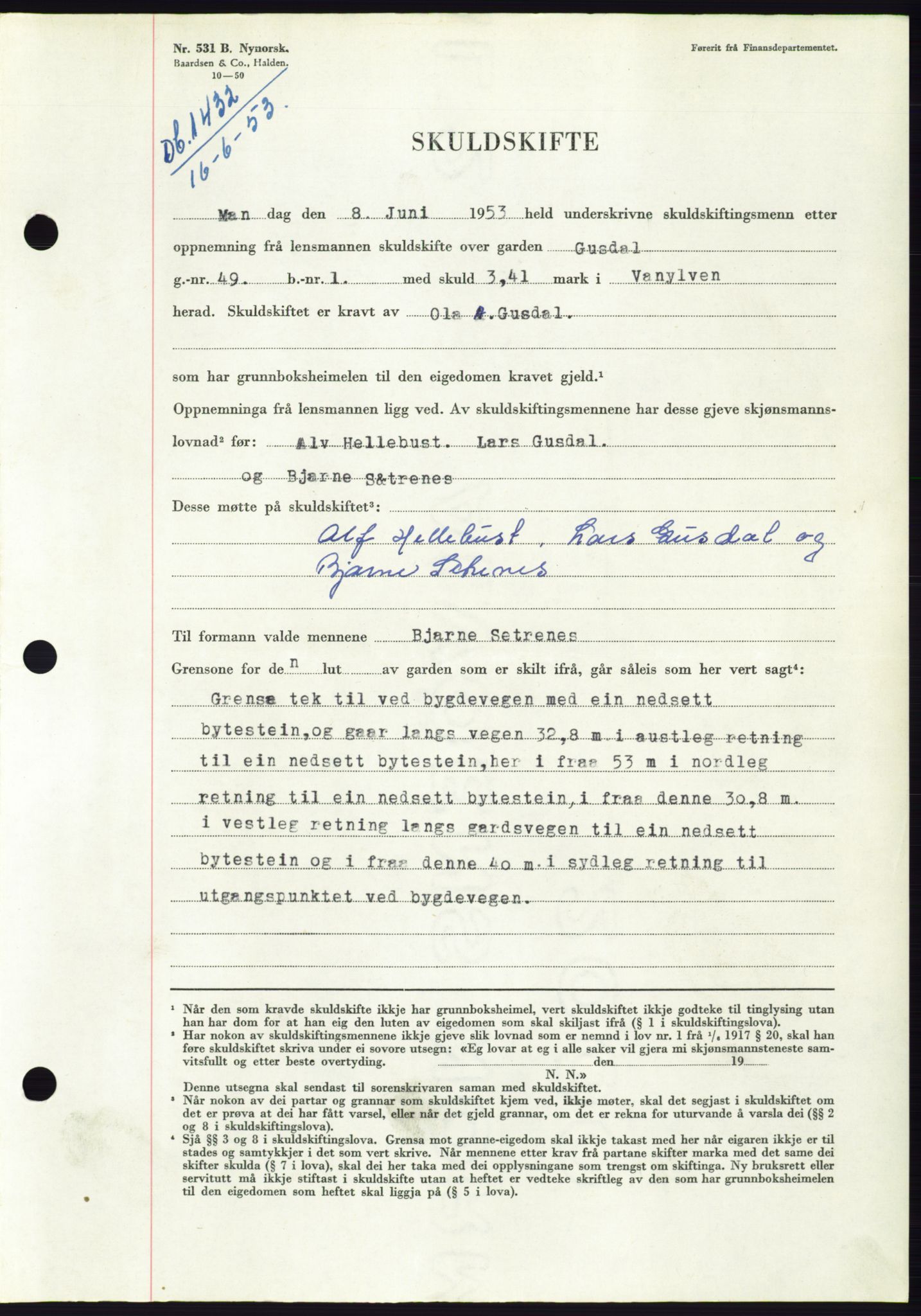 Søre Sunnmøre sorenskriveri, AV/SAT-A-4122/1/2/2C/L0095: Mortgage book no. 21A, 1953-1953, Diary no: : 1432/1953