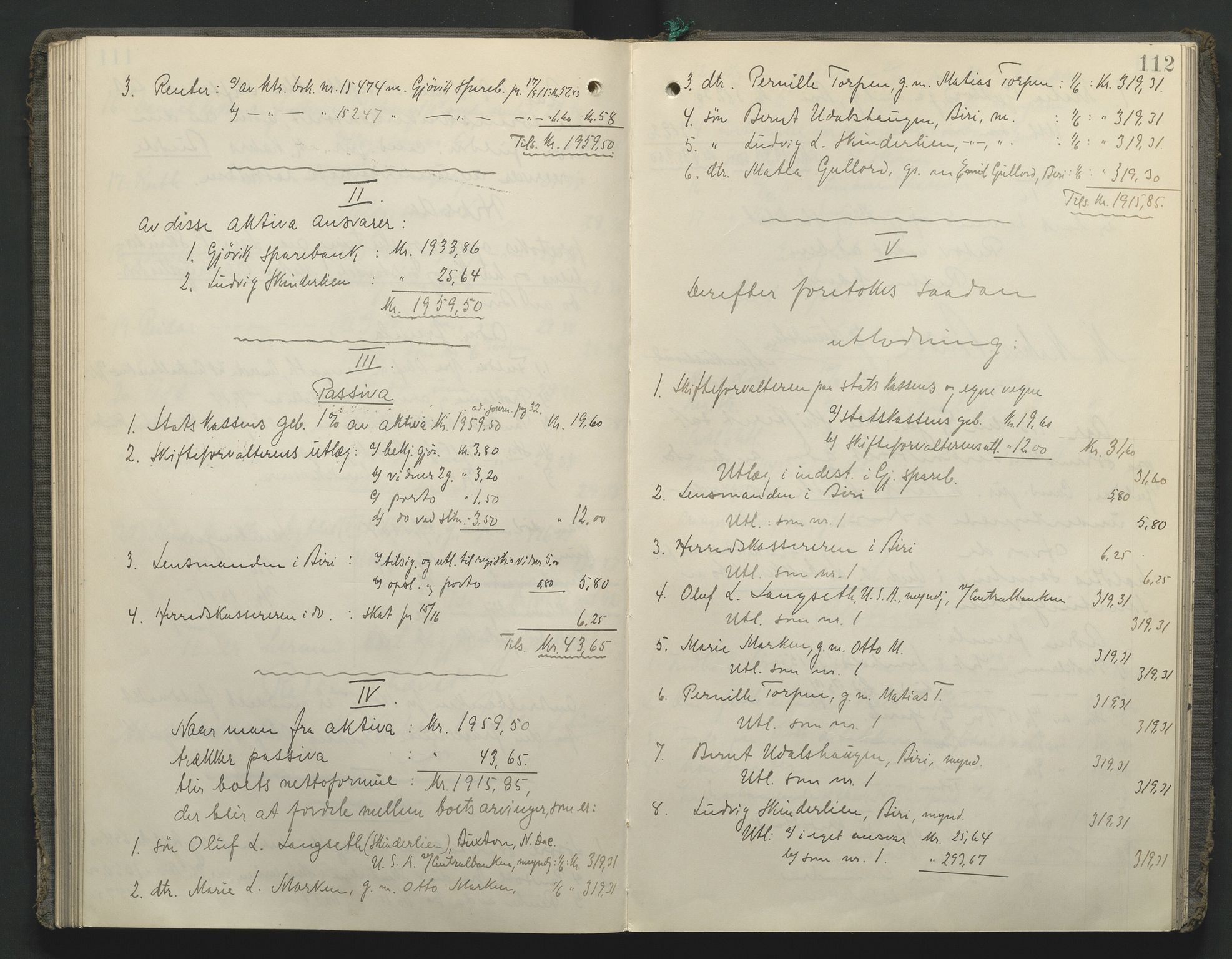 Toten tingrett, AV/SAH-TING-006/J/Jb/L0009: Skifteutlodningsprotokoll - Biri, 1904-1921, p. 112