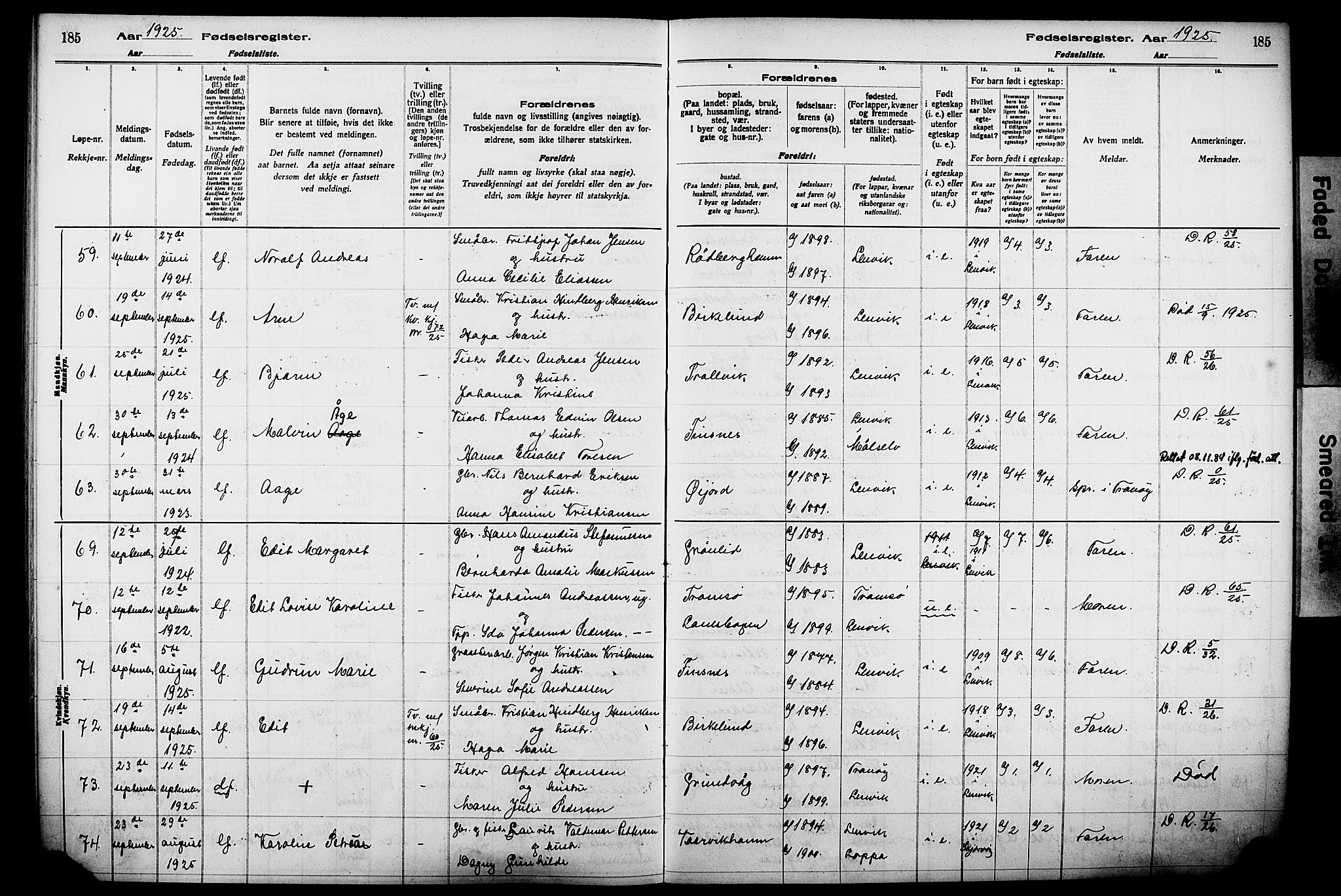 Lenvik sokneprestembete, SATØ/S-1310/I/Ic/L0089: Birth register no. 89, 1916-1926, p. 185