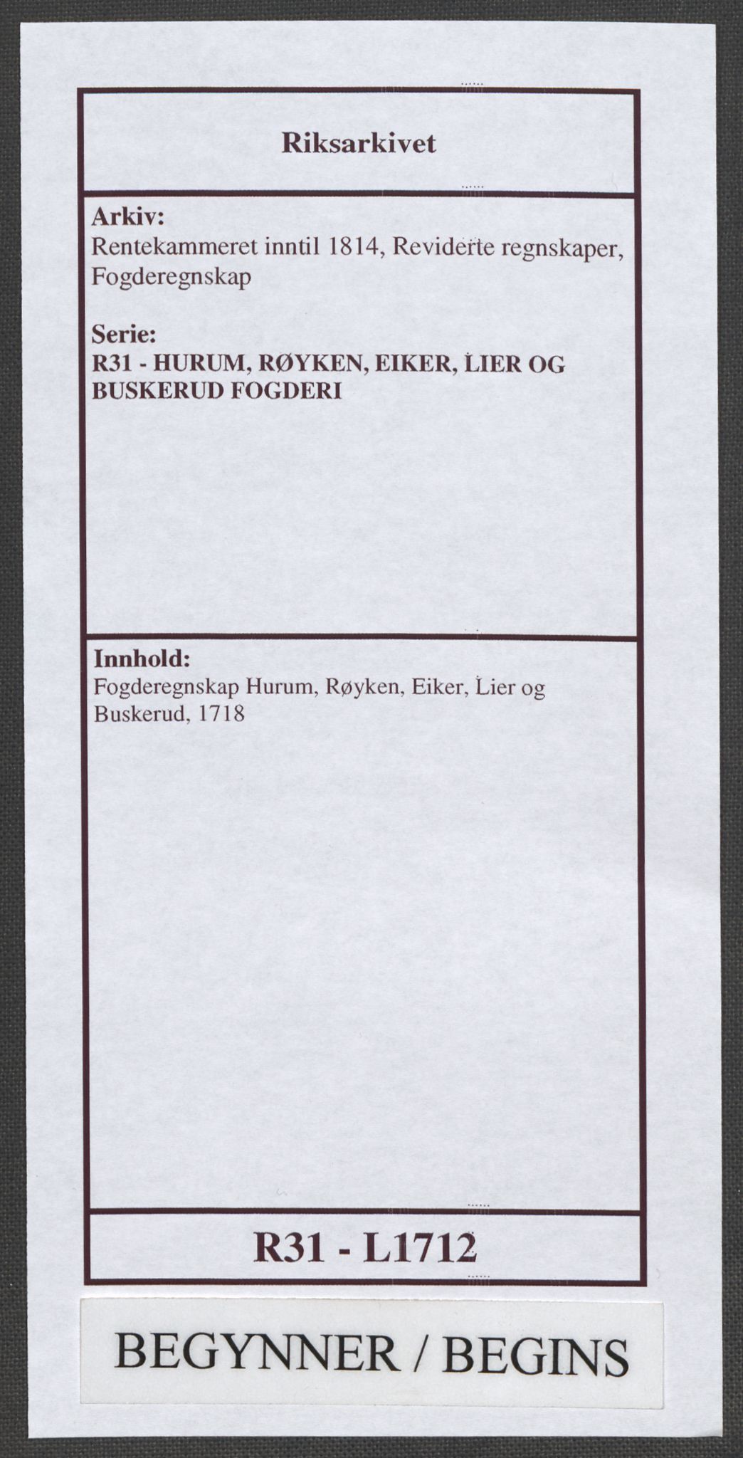 Rentekammeret inntil 1814, Reviderte regnskaper, Fogderegnskap, AV/RA-EA-4092/R31/L1712: Fogderegnskap Hurum, Røyken, Eiker, Lier og Buskerud, 1718, p. 1