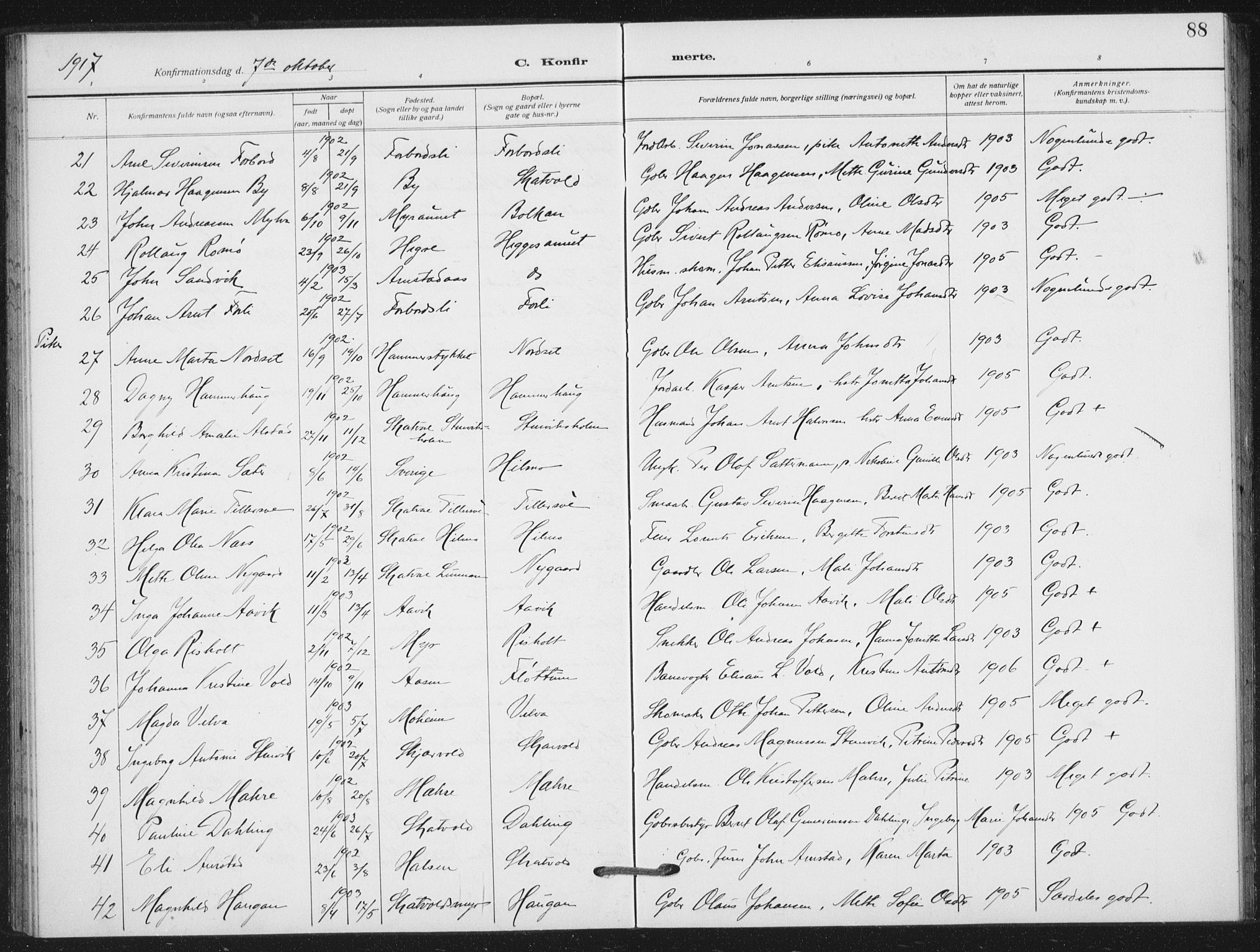 Ministerialprotokoller, klokkerbøker og fødselsregistre - Nord-Trøndelag, SAT/A-1458/712/L0102: Parish register (official) no. 712A03, 1916-1929, p. 88
