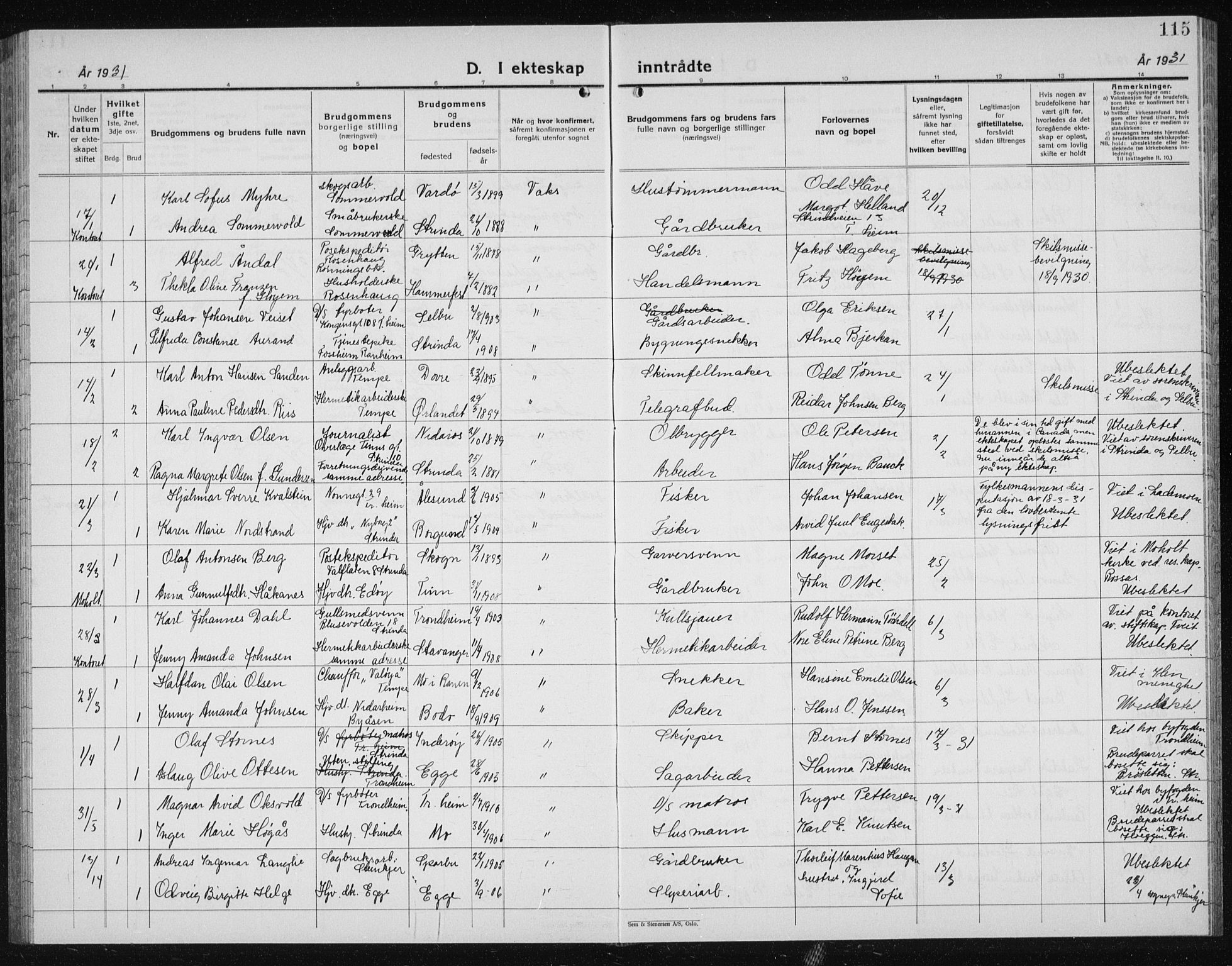 Ministerialprotokoller, klokkerbøker og fødselsregistre - Sør-Trøndelag, AV/SAT-A-1456/607/L0327: Parish register (copy) no. 607C01, 1930-1939, p. 115