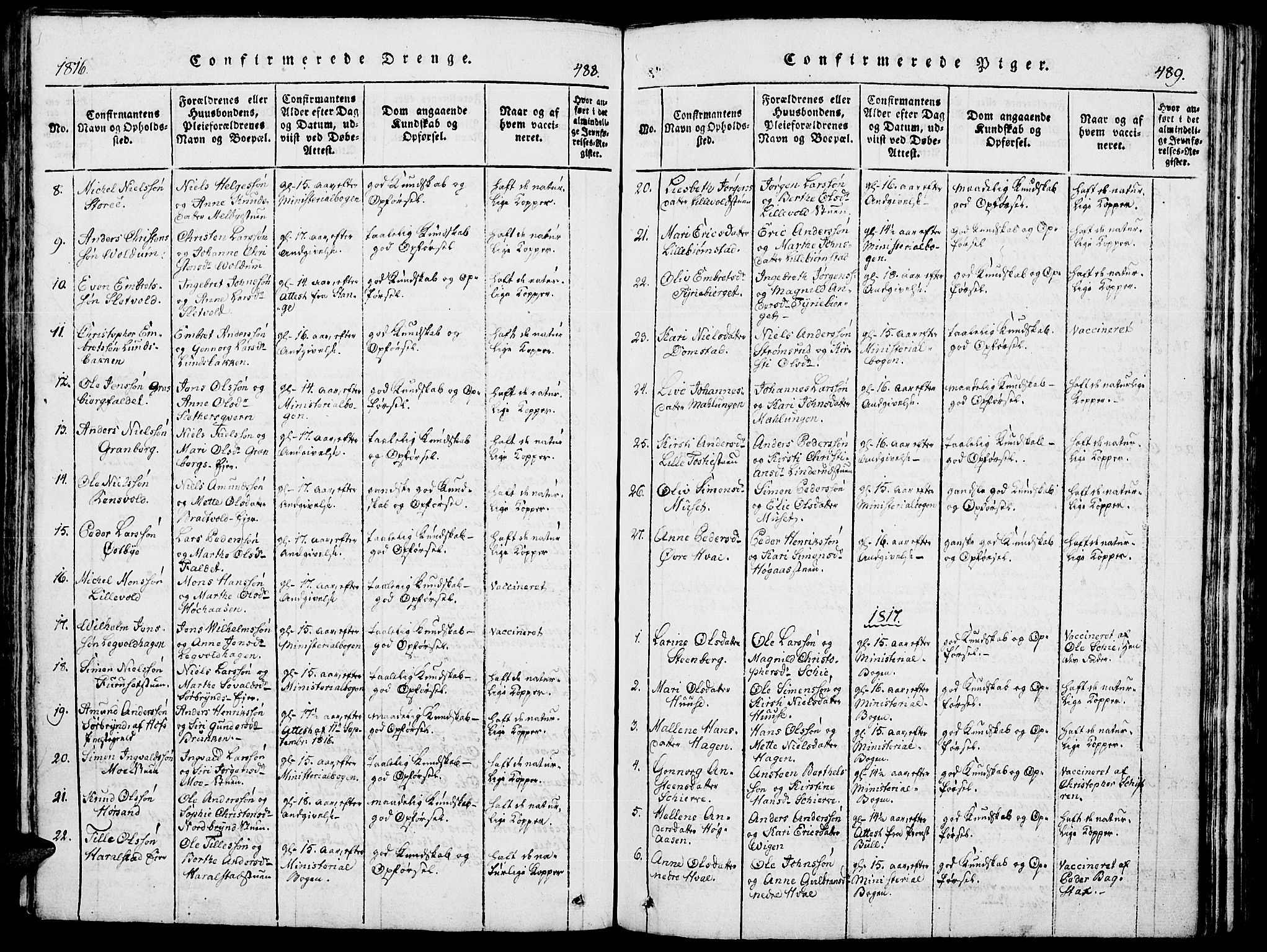 Romedal prestekontor, SAH/PREST-004/K/L0002: Parish register (official) no. 2, 1814-1828, p. 488-489