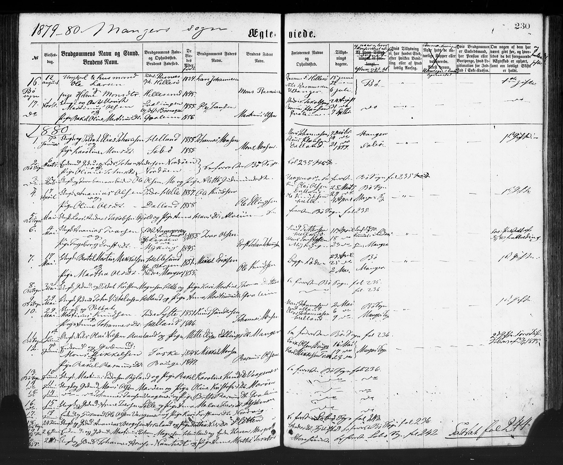 Manger sokneprestembete, SAB/A-76801/H/Haa: Parish register (official) no. A 8, 1871-1880, p. 230