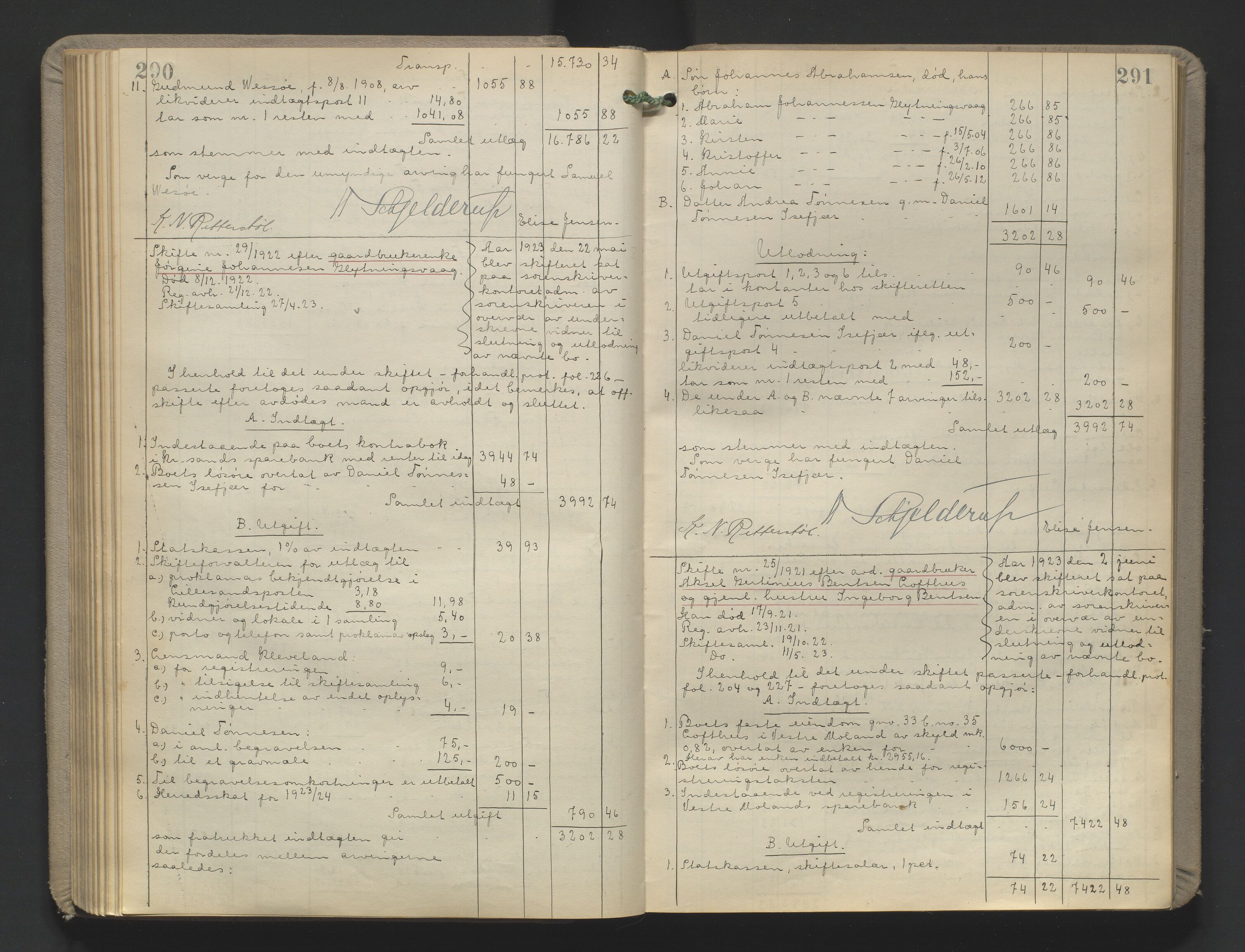 Vestre Nedenes/Sand sorenskriveri, AV/SAK-1221-0010/H/Hc/L0022: Skifteutlodningsprotokoll nr. 9, 1919-1932, p. 290-291