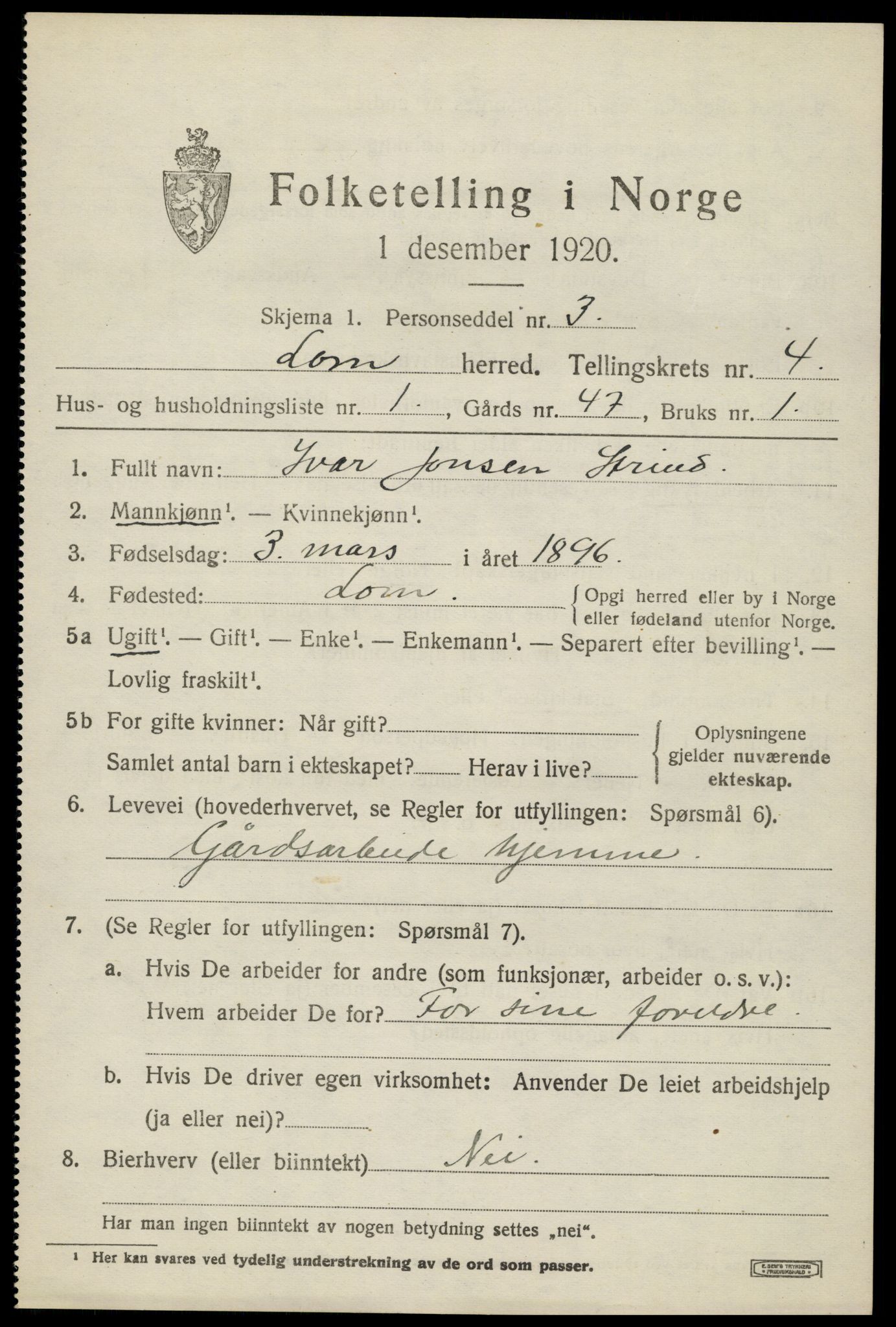 SAH, 1920 census for Lom, 1920, p. 2582