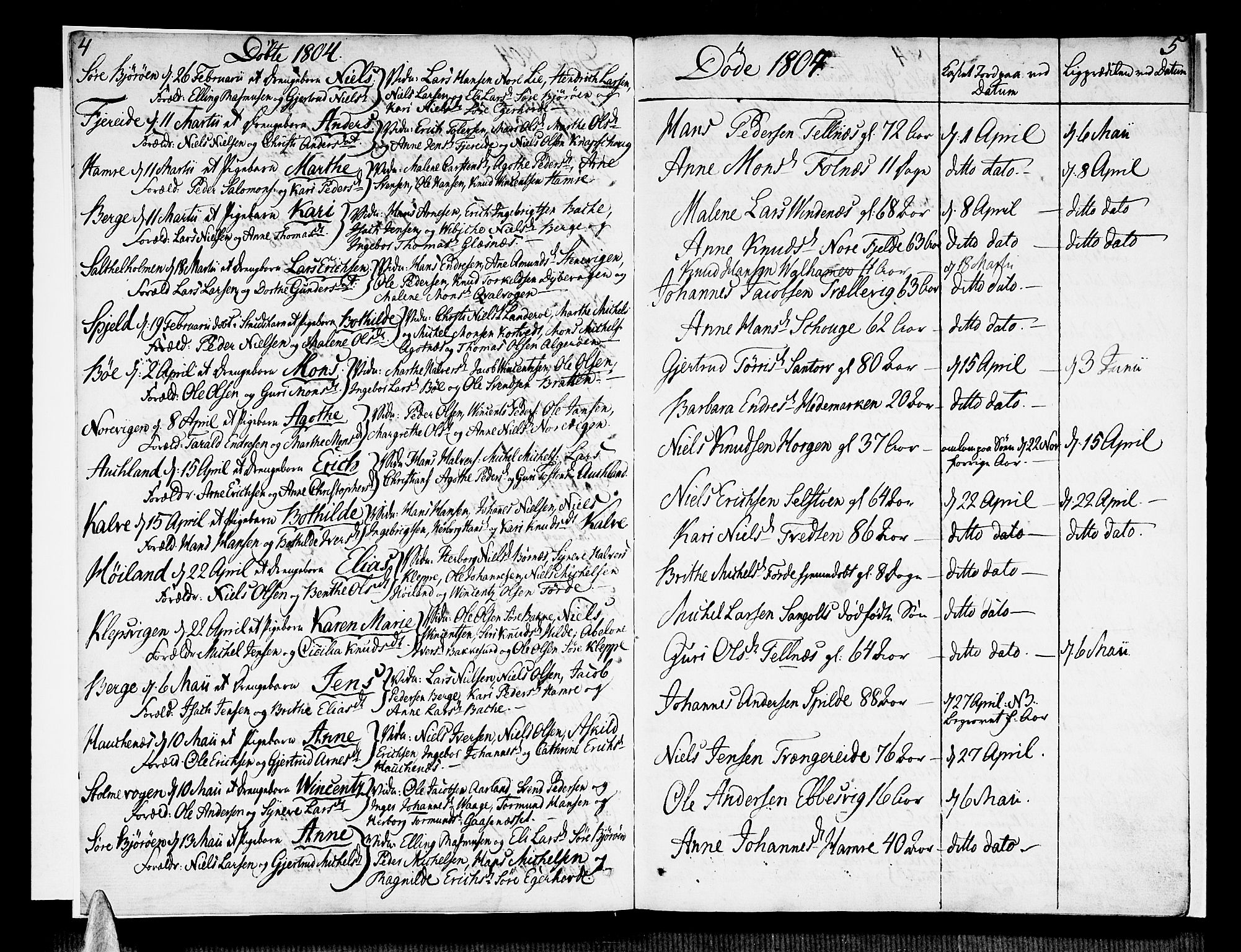 Sund sokneprestembete, SAB/A-99930: Parish register (official) no. A 10, 1804-1818, p. 4-5