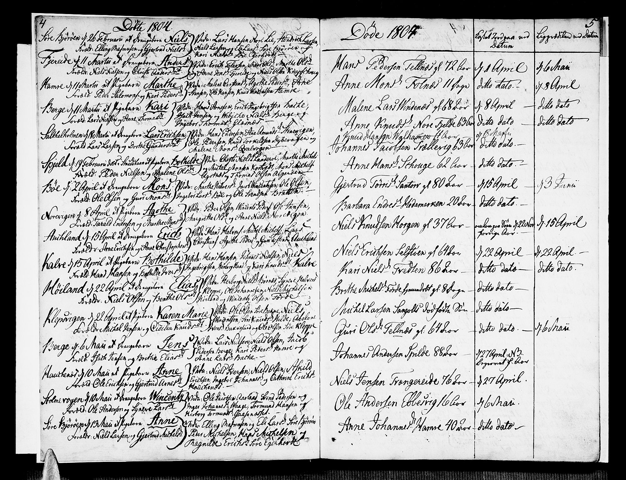 Sund sokneprestembete, AV/SAB-A-99930: Parish register (official) no. A 10, 1804-1818, p. 4-5