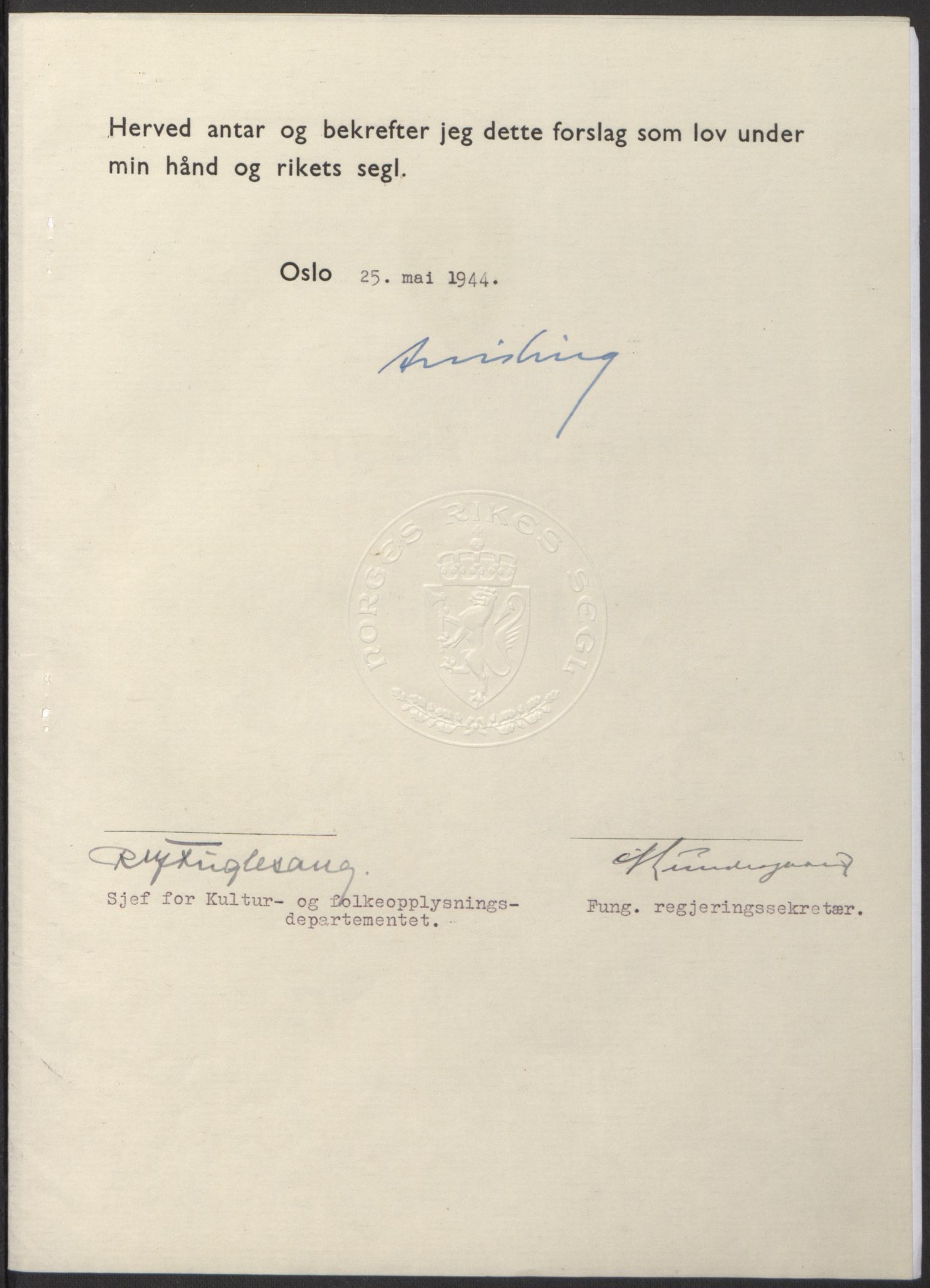 NS-administrasjonen 1940-1945 (Statsrådsekretariatet, de kommisariske statsråder mm), RA/S-4279/D/Db/L0100: Lover, 1944, p. 242