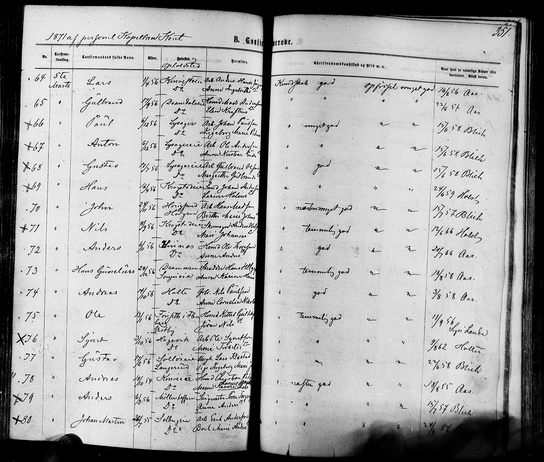 Eiker kirkebøker, AV/SAKO-A-4/F/Fa/L0017: Parish register (official) no. I 17, 1869-1877, p. 351