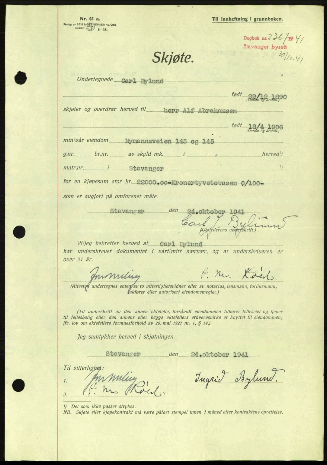 Stavanger byrett, SAST/A-100455/002/G/Gb/L0017: Mortgage book no. A7, 1941-1943, Diary no: : 2367/1941