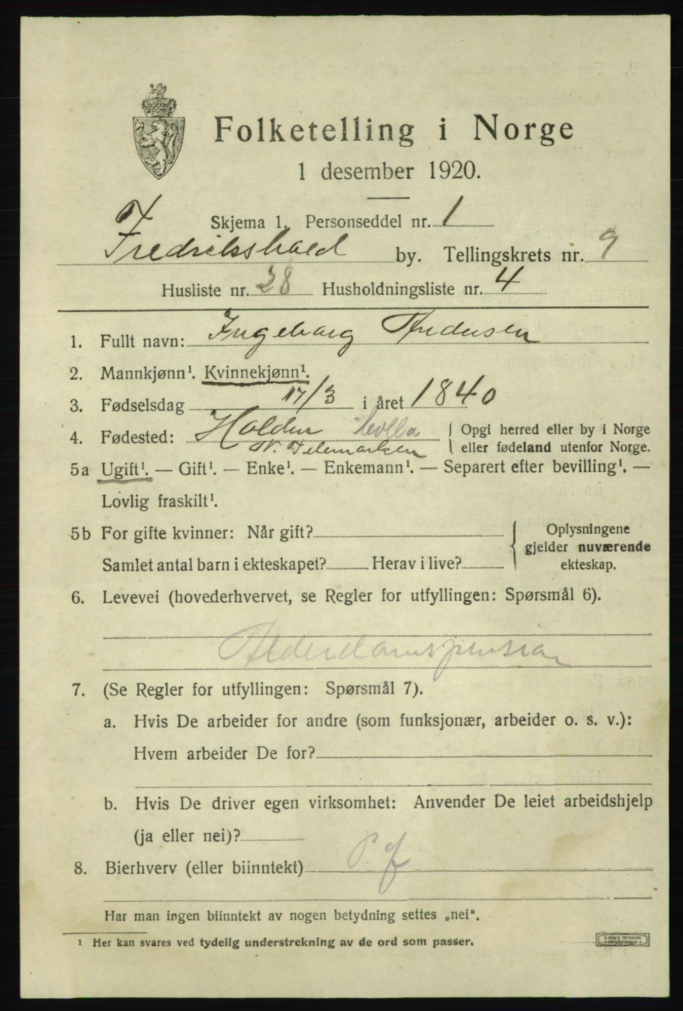 SAO, 1920 census for Fredrikshald, 1920, p. 16465
