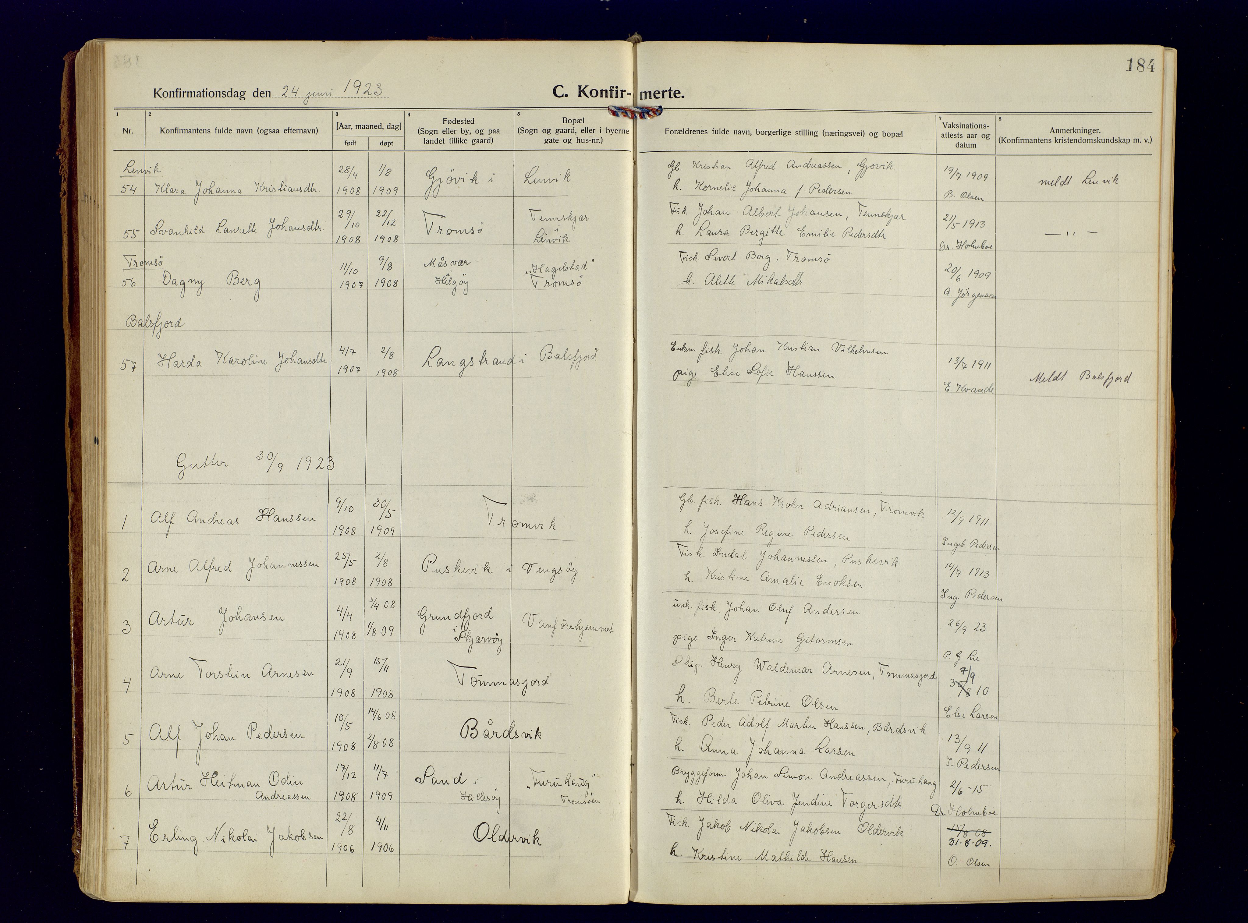 Tromsøysund sokneprestkontor, AV/SATØ-S-1304/G/Ga/L0009kirke: Parish register (official) no. 9, 1922-1934, p. 184