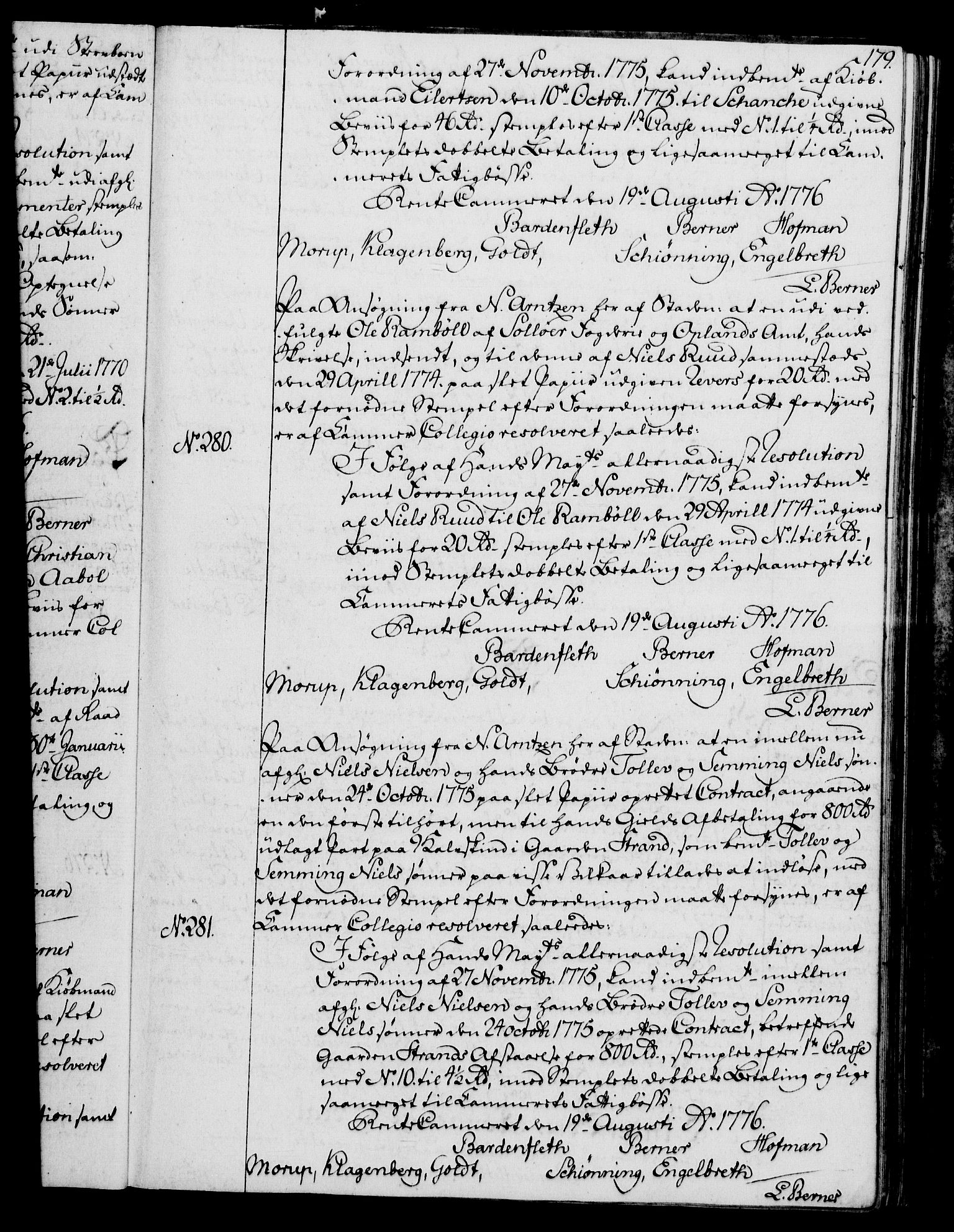 Rentekammeret, Kammerkanselliet, AV/RA-EA-3111/G/Gg/Gga/L0010: Norsk ekspedisjonsprotokoll med register (merket RK 53.10), 1773-1778, p. 179