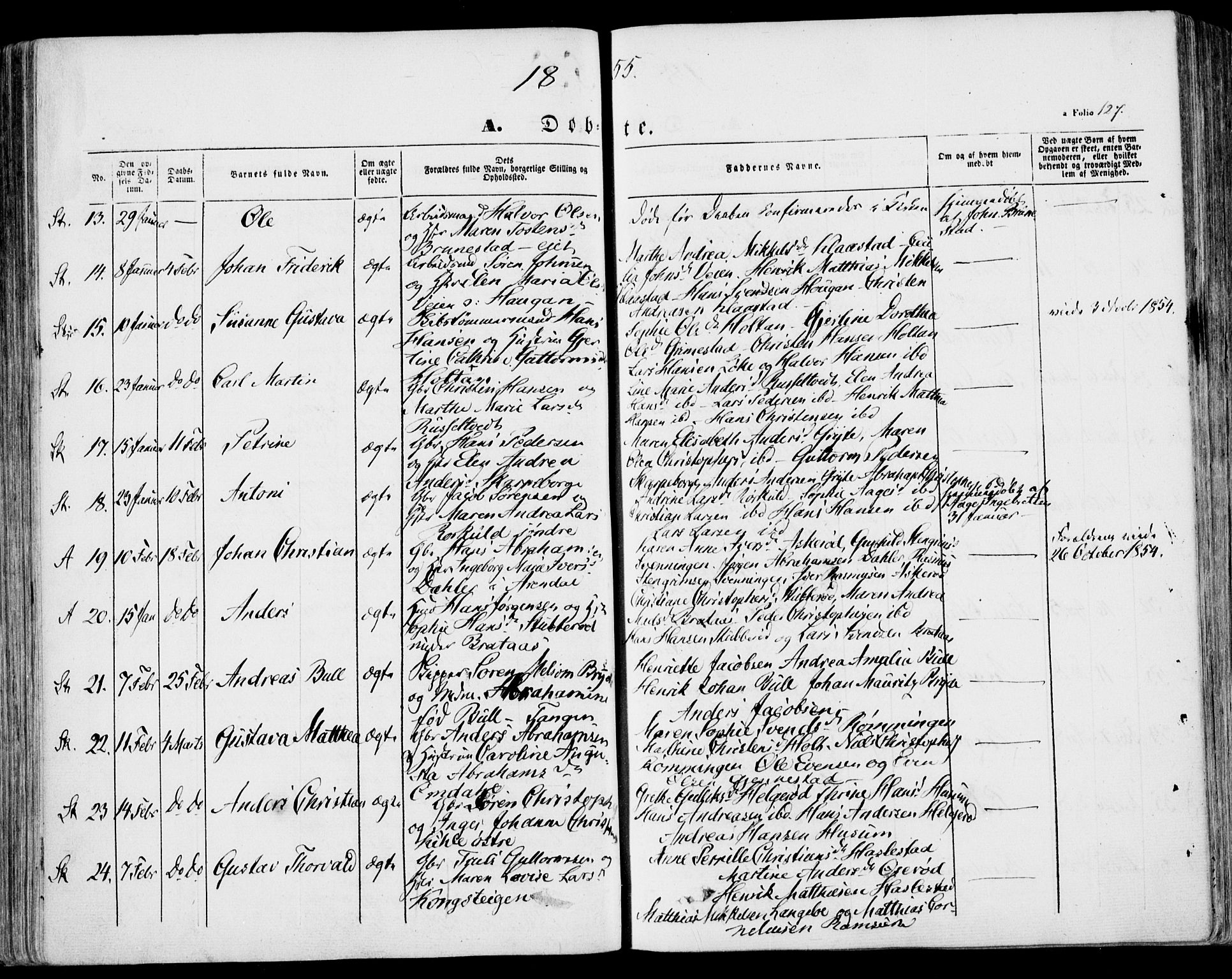 Stokke kirkebøker, AV/SAKO-A-320/F/Fa/L0007: Parish register (official) no. I 7, 1844-1857, p. 127