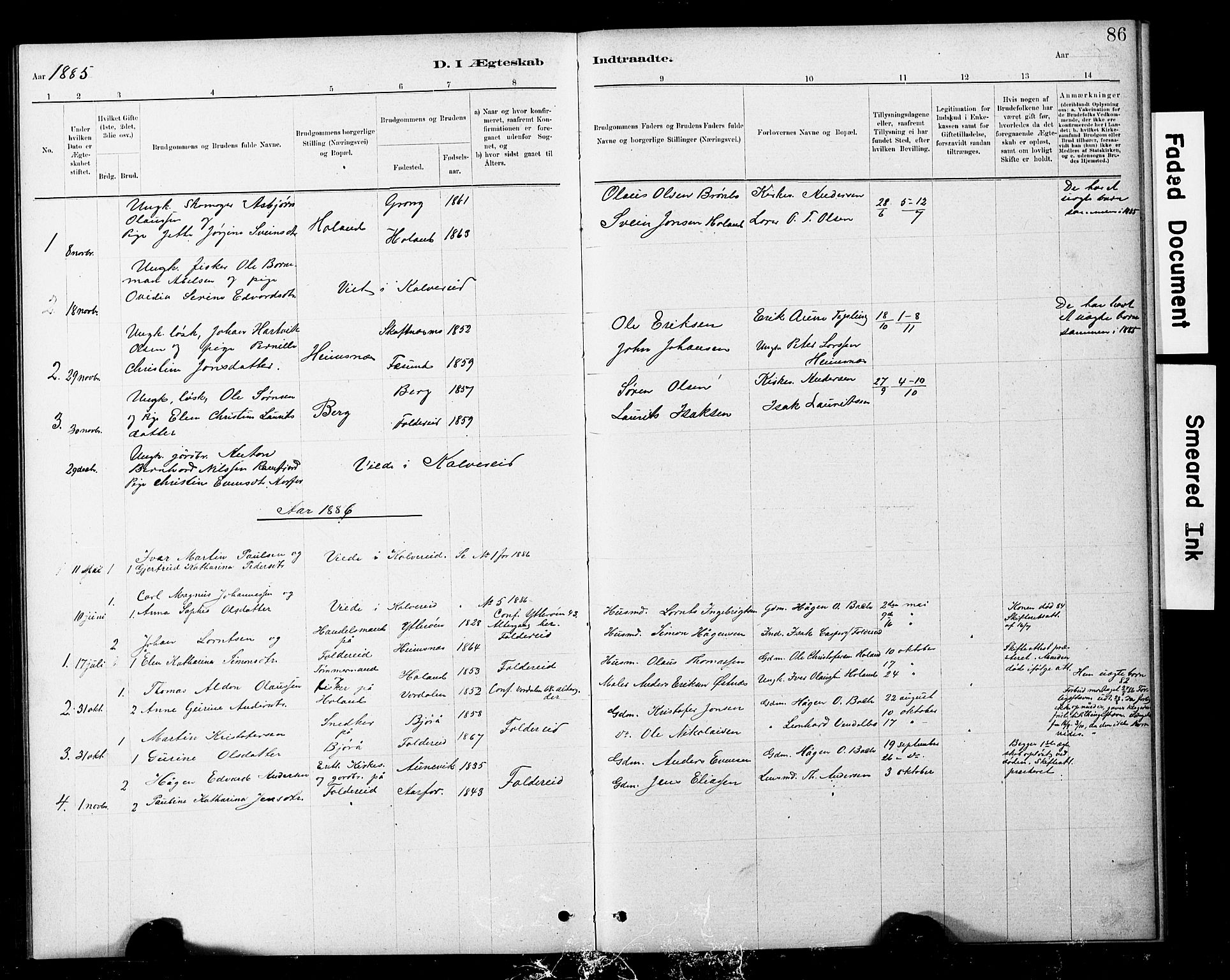 Ministerialprotokoller, klokkerbøker og fødselsregistre - Nord-Trøndelag, AV/SAT-A-1458/783/L0661: Parish register (copy) no. 783C01, 1878-1893, p. 86