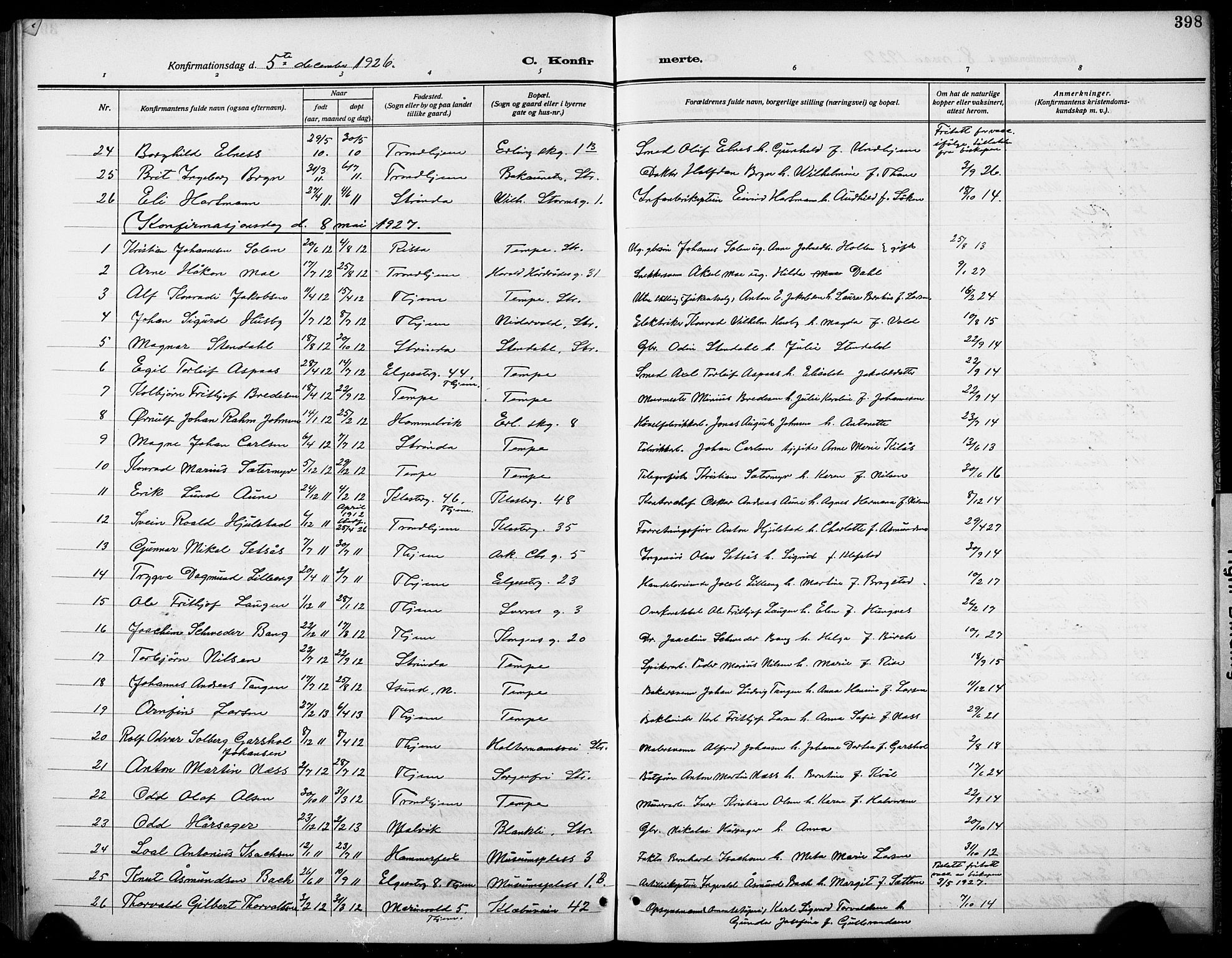 Ministerialprotokoller, klokkerbøker og fødselsregistre - Sør-Trøndelag, SAT/A-1456/601/L0096: Parish register (copy) no. 601C14, 1911-1931, p. 398