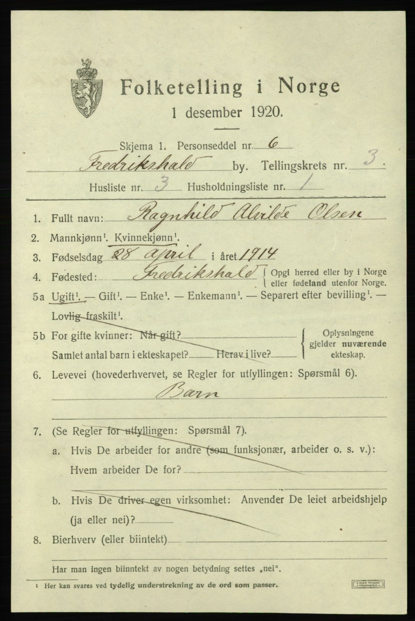 SAO, 1920 census for Fredrikshald, 1920, p. 10370