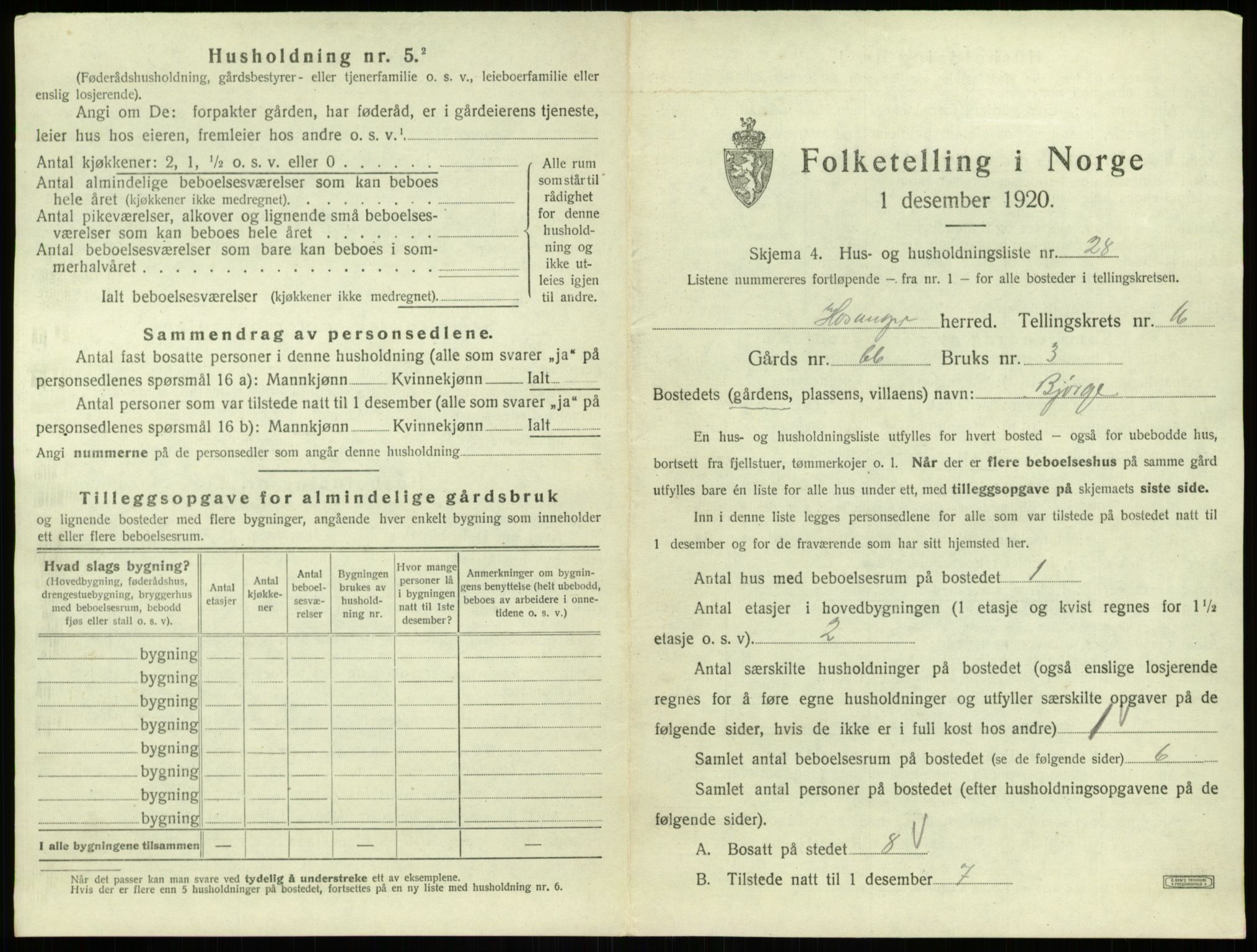 SAB, 1920 census for Hosanger, 1920, p. 878