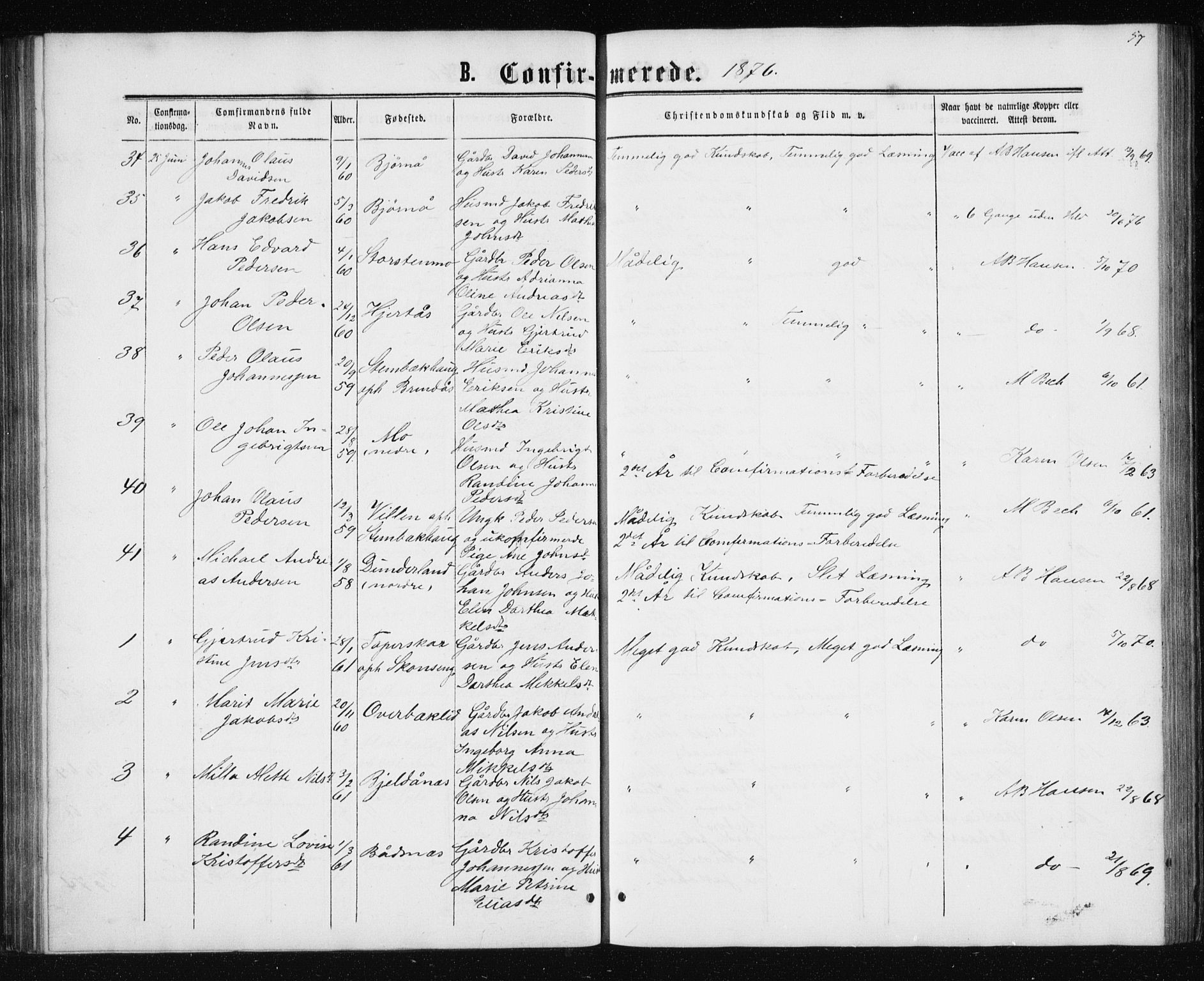 Ministerialprotokoller, klokkerbøker og fødselsregistre - Nordland, AV/SAT-A-1459/827/L0416: Parish register (copy) no. 827C05, 1865-1886, p. 57