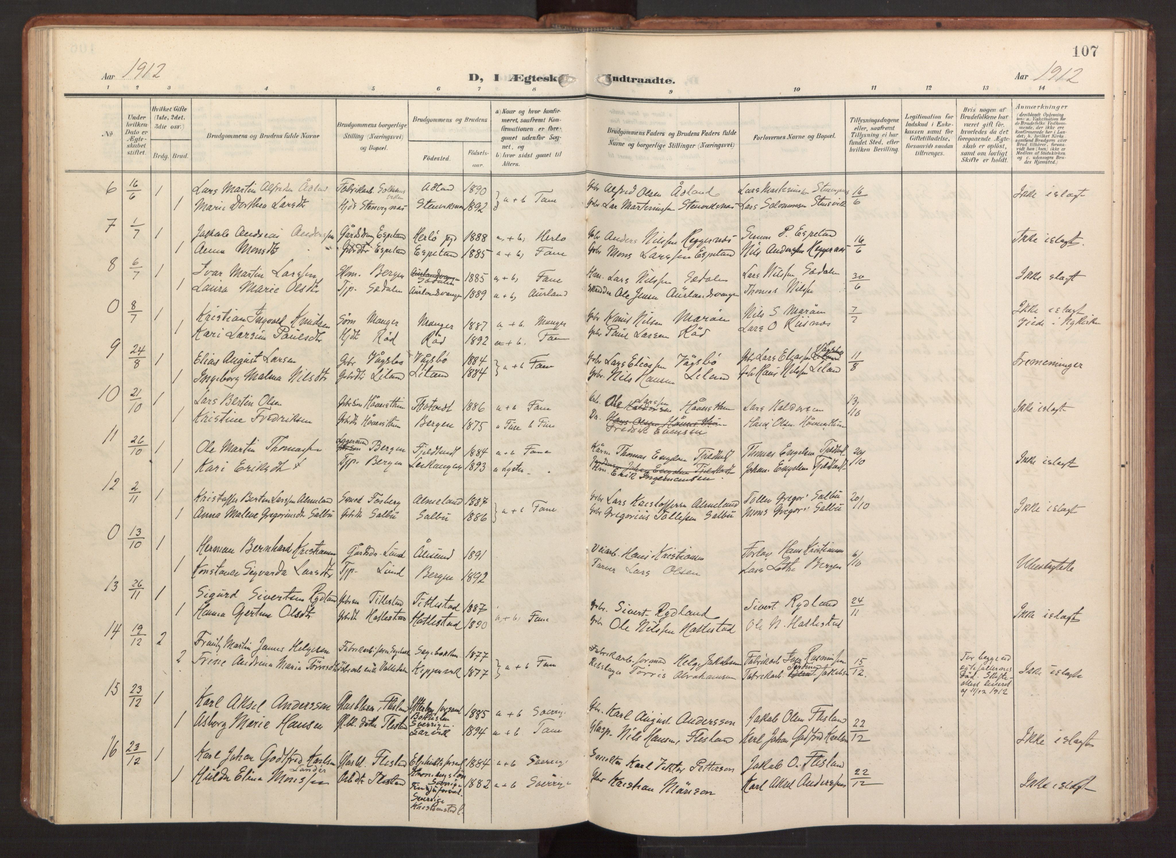 Fana Sokneprestembete, SAB/A-75101/H/Haa/Haab/L0004: Parish register (official) no. B 4, 1908-1915, p. 107