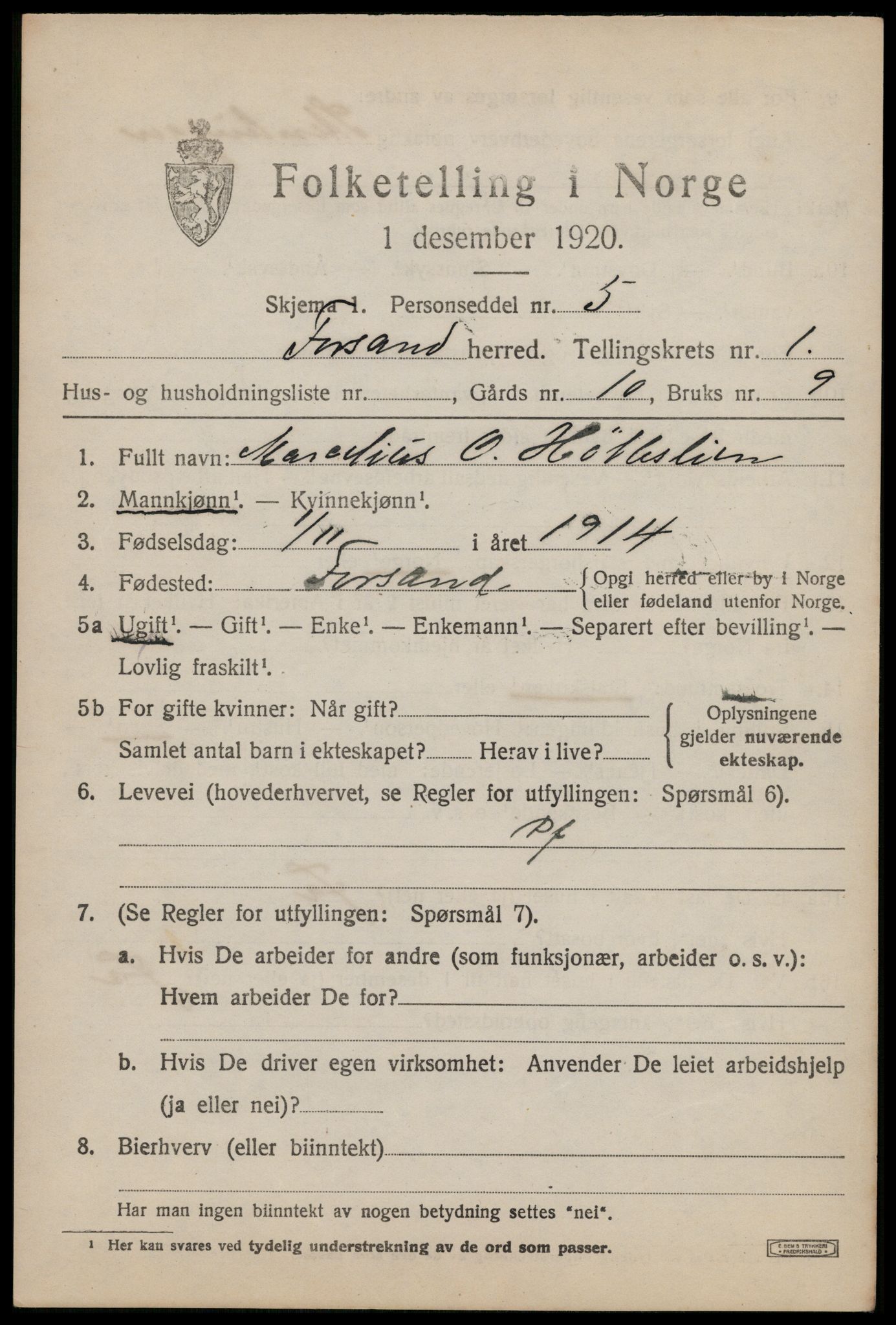 SAST, 1920 census for Forsand, 1920, p. 1215