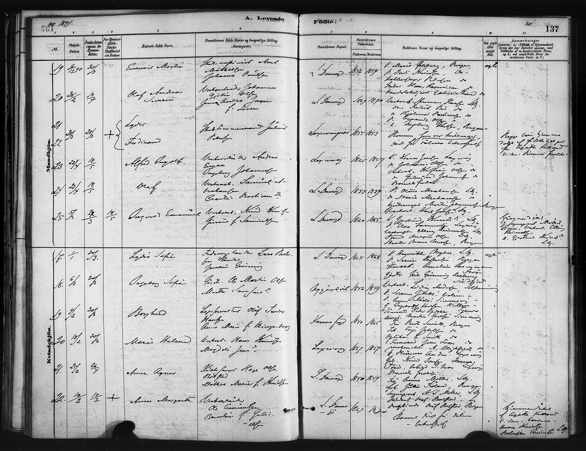 Askøy Sokneprestembete, AV/SAB-A-74101/H/Ha/Haa/Haae/L0002: Parish register (official) no. E 2, 1878-1891, p. 137