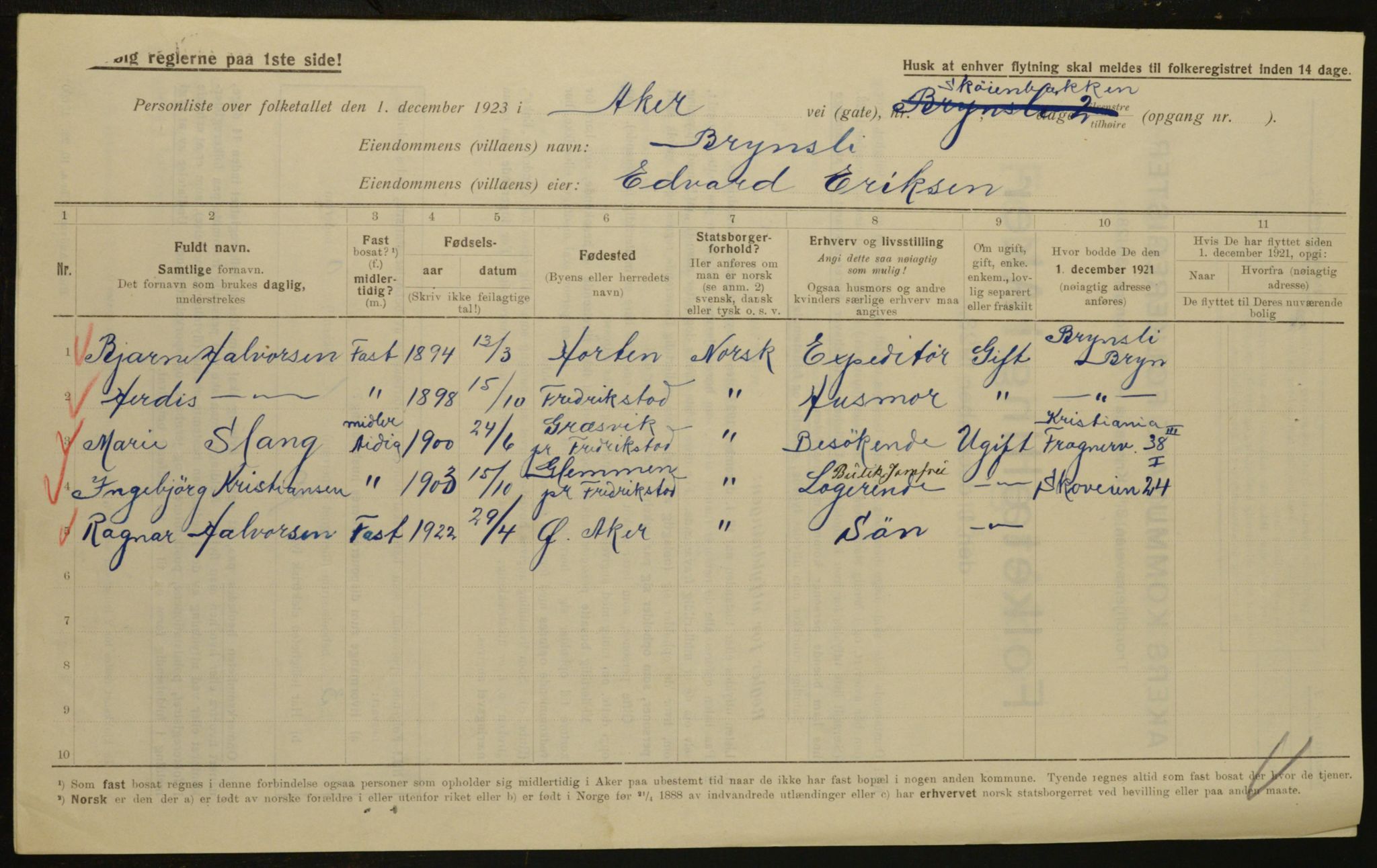 , Municipal Census 1923 for Aker, 1923, p. 30912