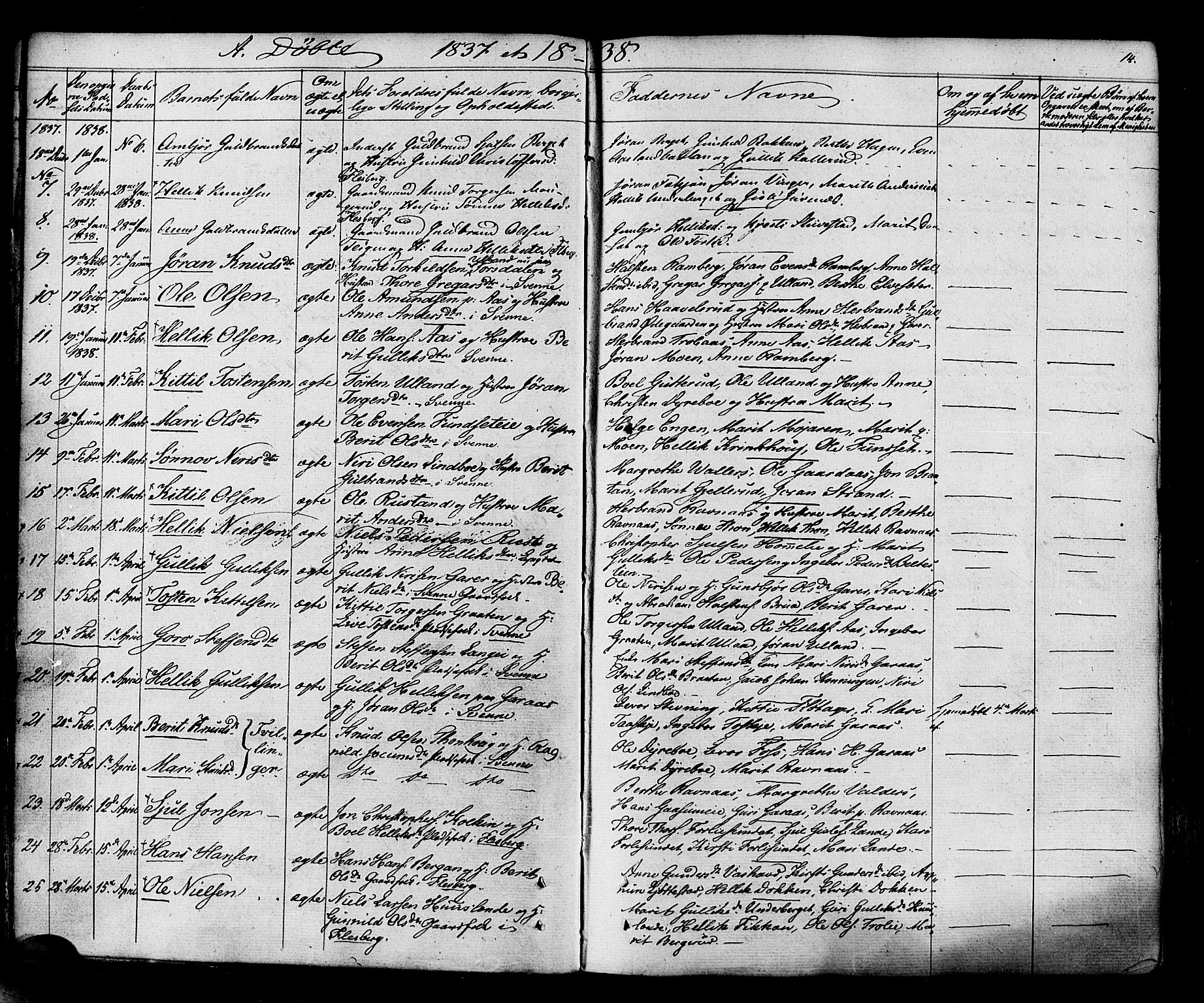 Flesberg kirkebøker, AV/SAKO-A-18/F/Fa/L0006: Parish register (official) no. I 6, 1834-1860, p. 14