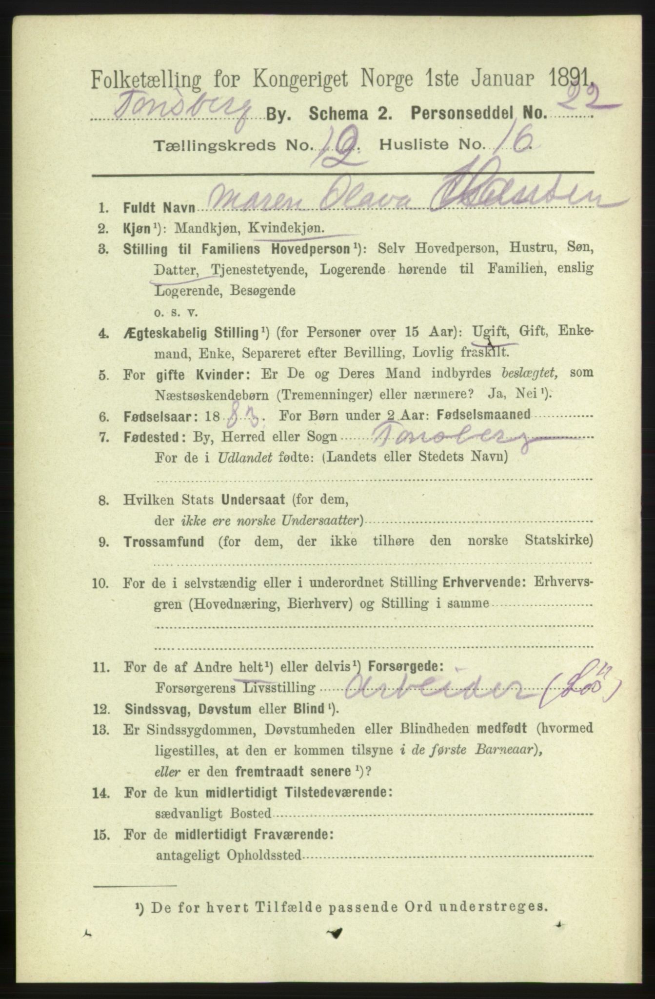 RA, 1891 census for 0705 Tønsberg, 1891, p. 4295