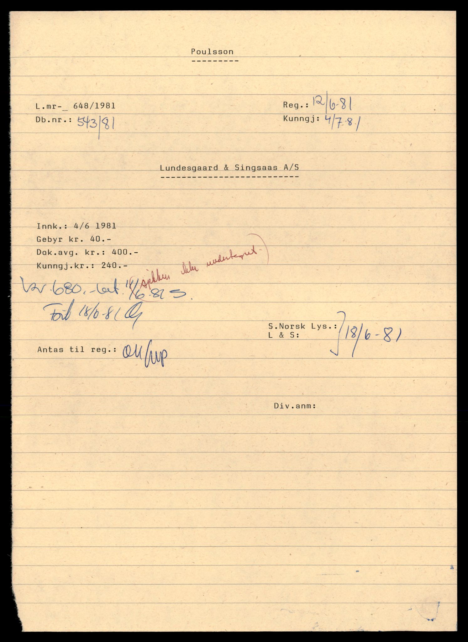 Asker og Bærum tingrett, AV/SAT-A-10379/K/Kb/Kbb/L0108: Aksjeselskap og andelslag i Bærum, Lunde - Løkkeh, 1944-1989, p. 1