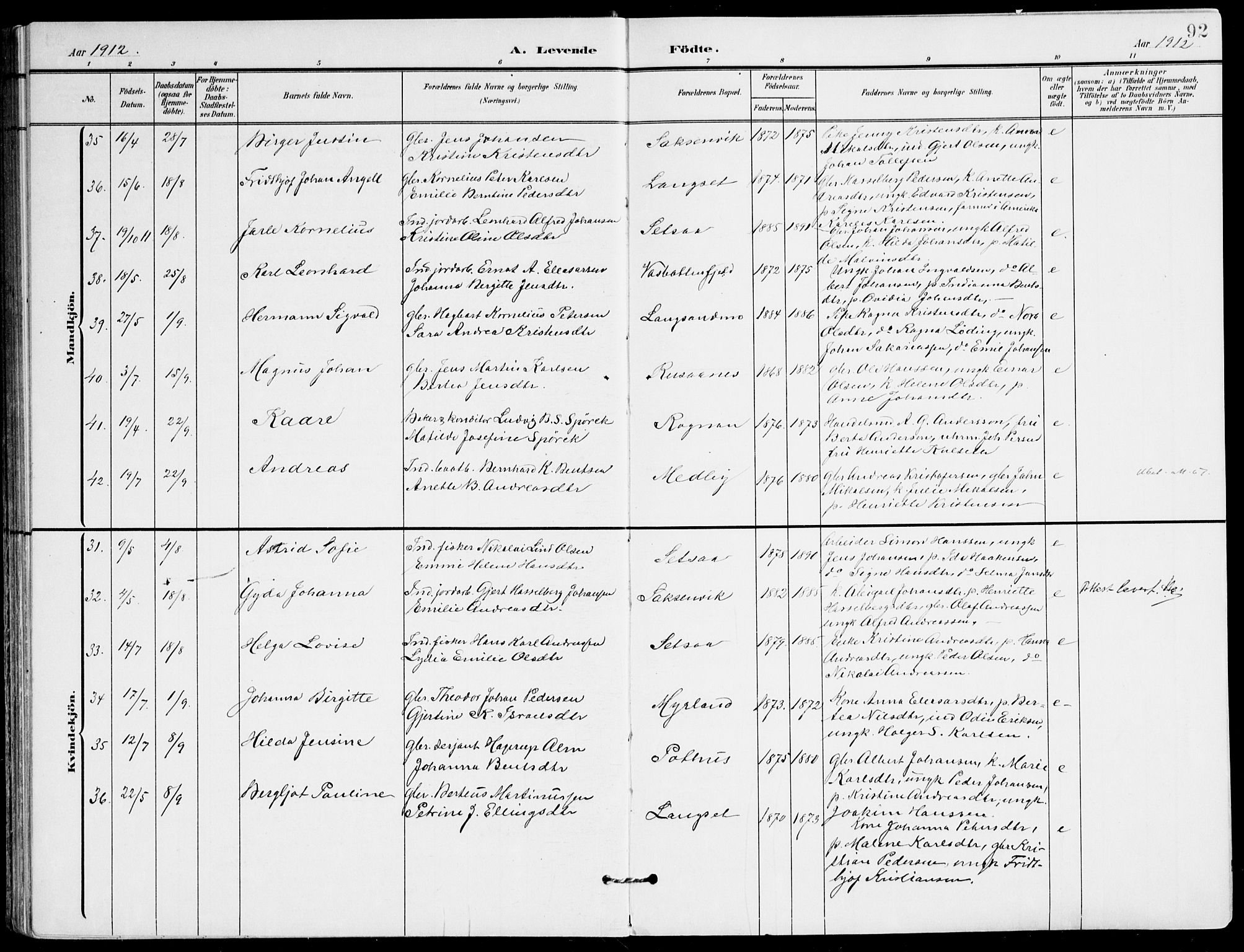 Ministerialprotokoller, klokkerbøker og fødselsregistre - Nordland, SAT/A-1459/847/L0672: Parish register (official) no. 847A12, 1902-1919, p. 92