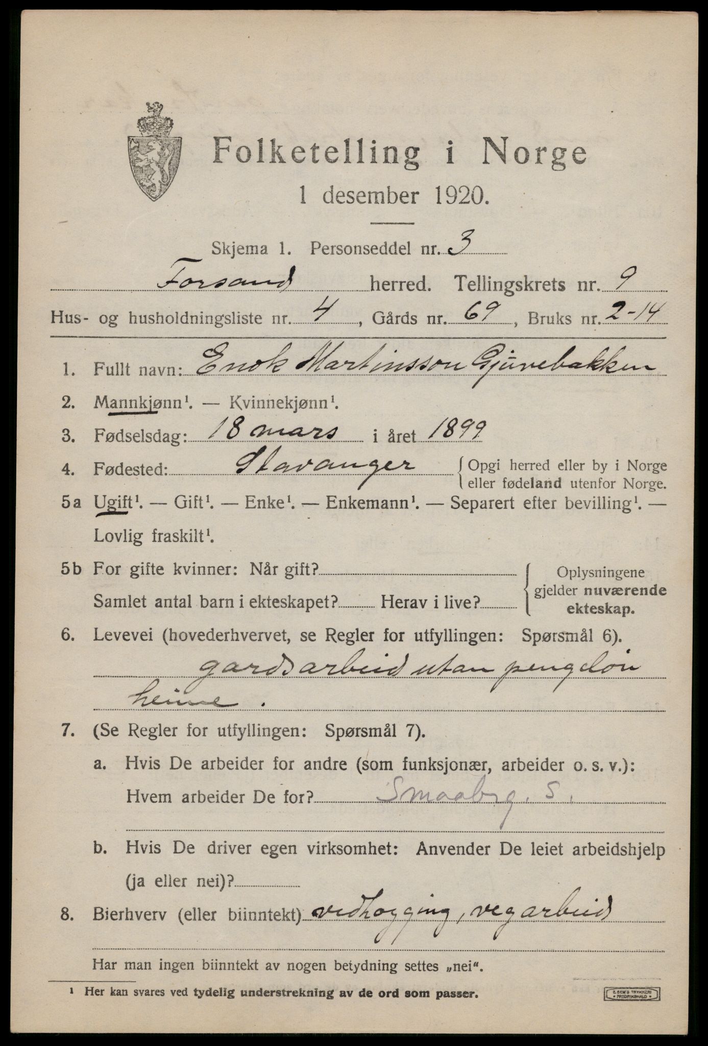 SAST, 1920 census for Forsand, 1920, p. 4023