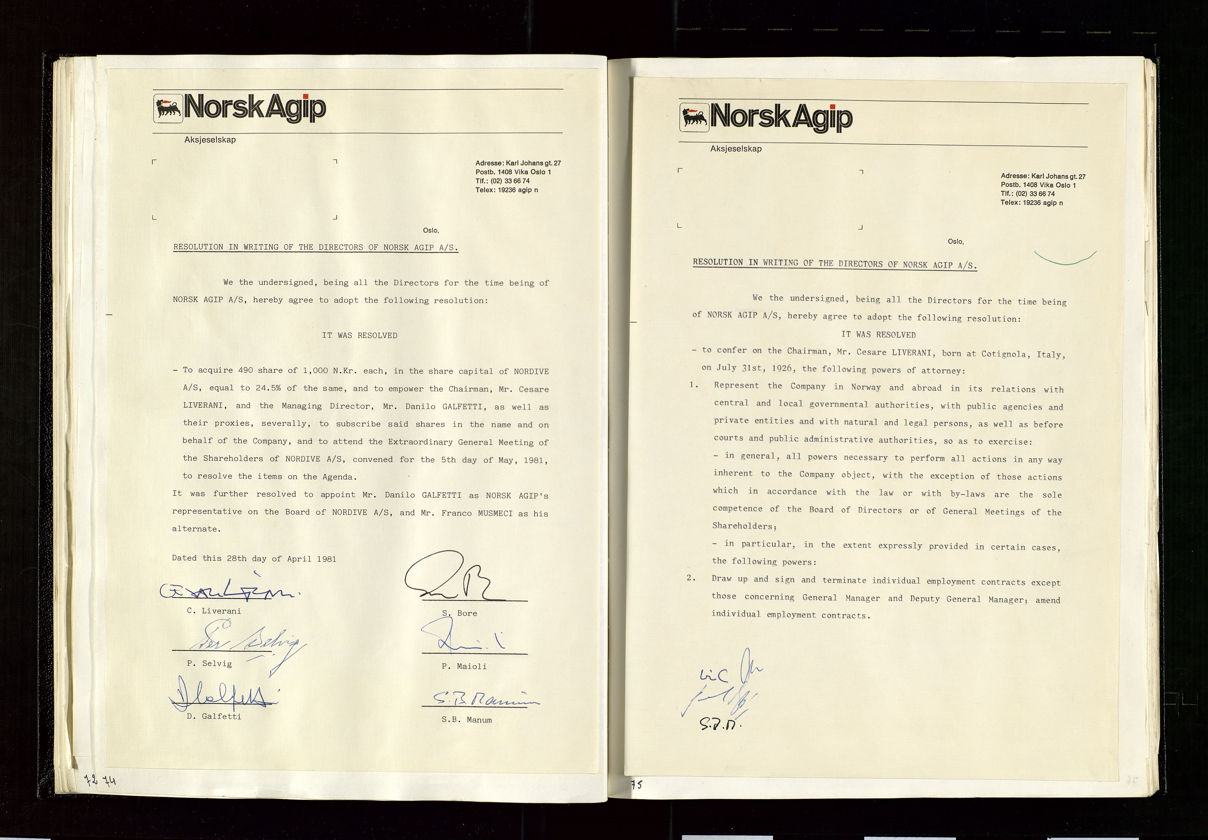 Pa 1583 - Norsk Agip AS, SAST/A-102138/A/Aa/L0003: Board of Directors meeting minutes, 1979-1983, p. 74-75