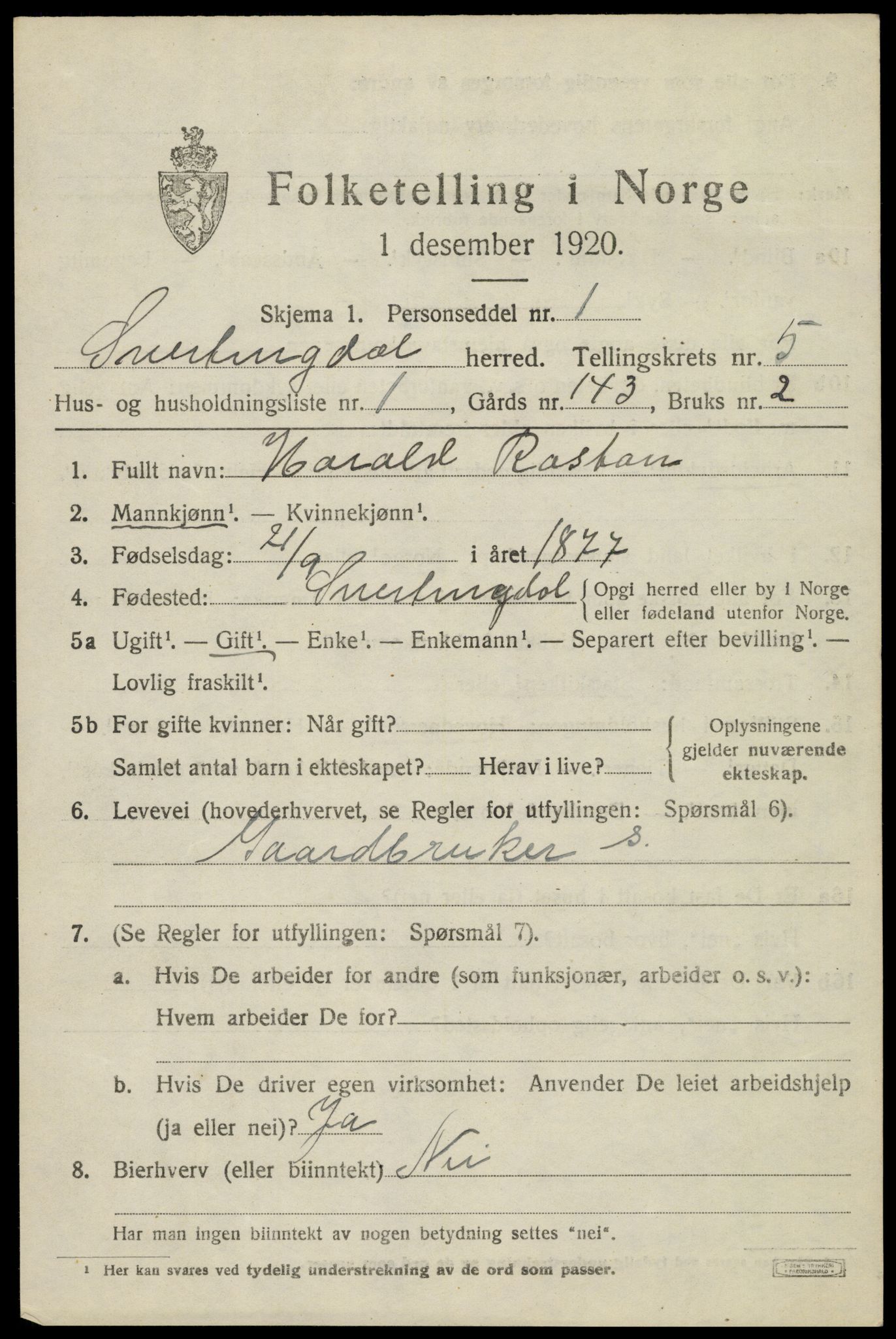 SAH, 1920 census for Snertingdal, 1920, p. 4273