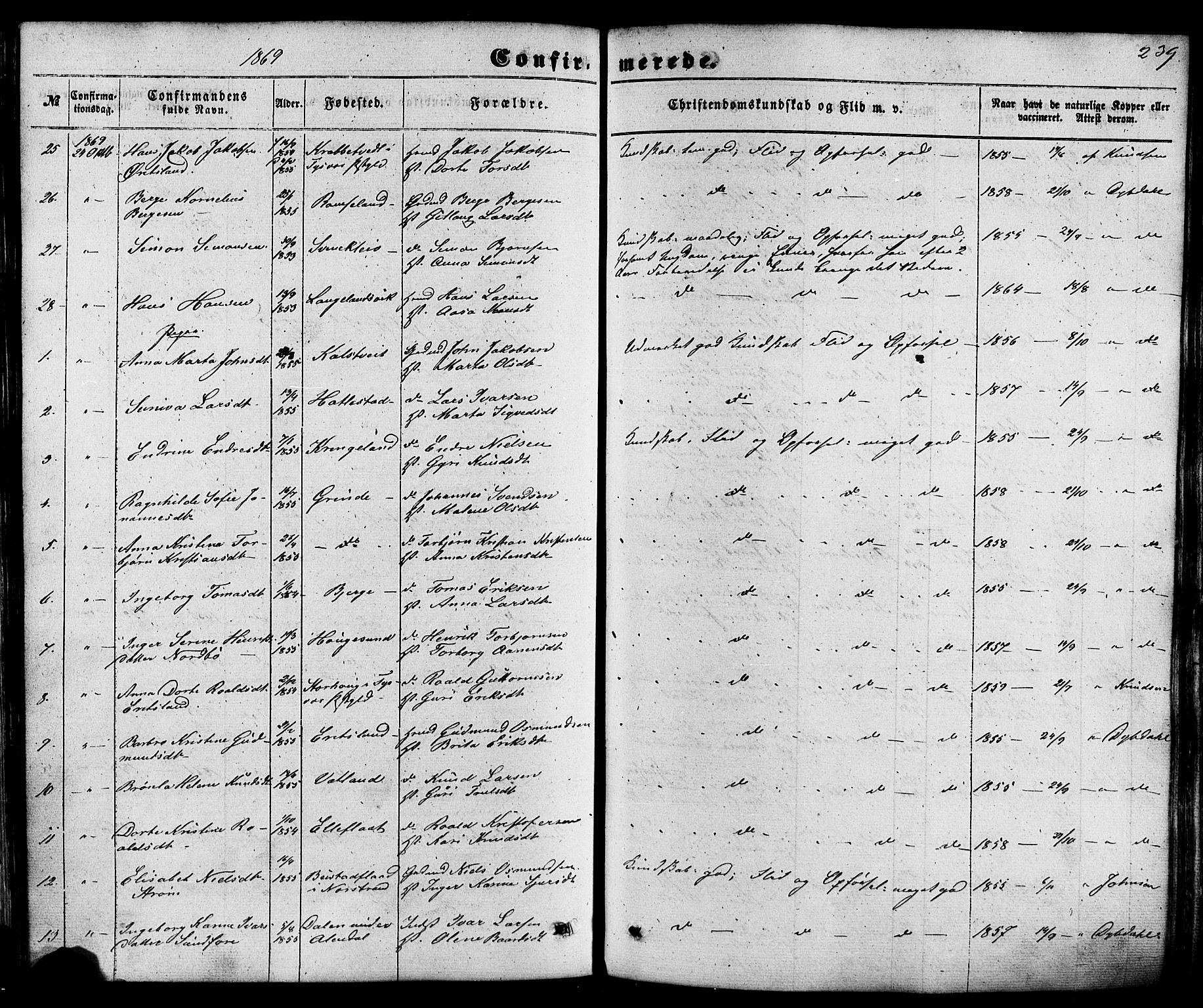 Skjold sokneprestkontor, SAST/A-101847/H/Ha/Haa/L0008: Parish register (official) no. A 8, 1856-1882, p. 239