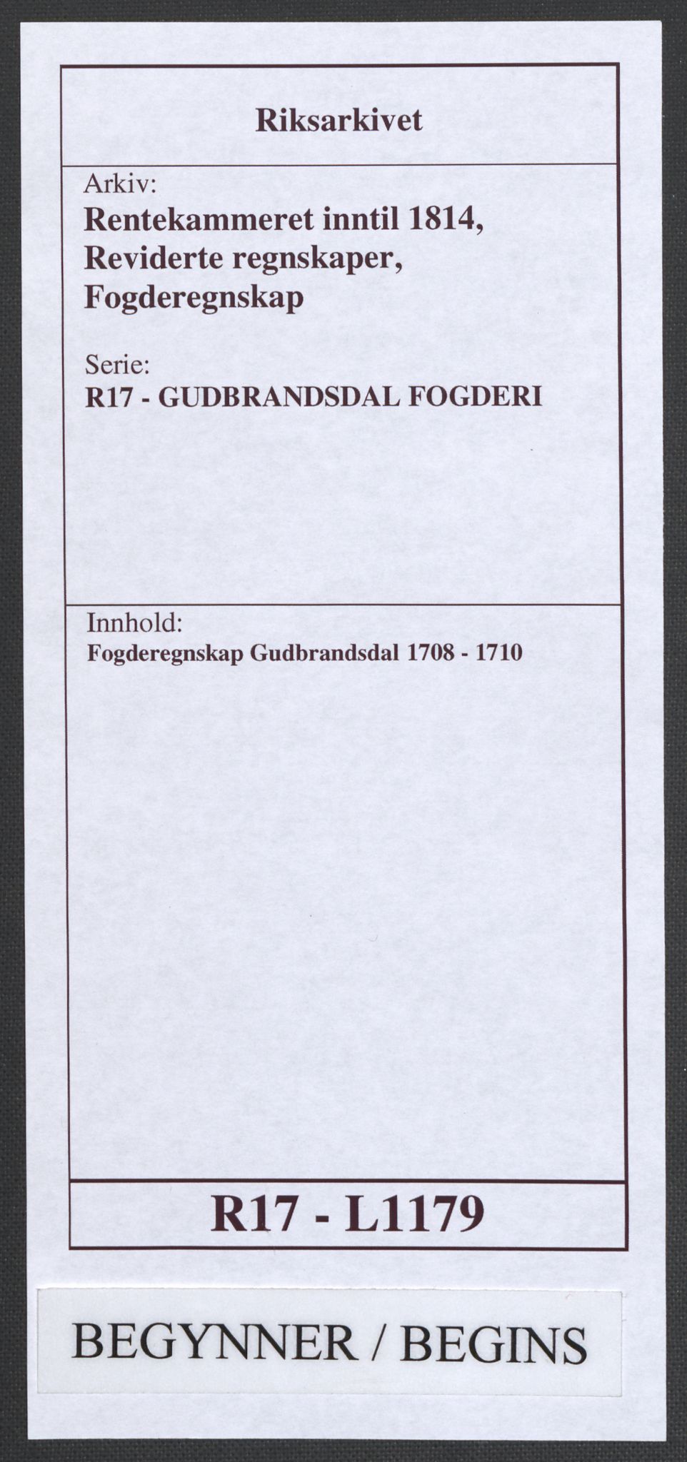 Rentekammeret inntil 1814, Reviderte regnskaper, Fogderegnskap, RA/EA-4092/R17/L1179: Fogderegnskap Gudbrandsdal, 1708-1710, p. 1