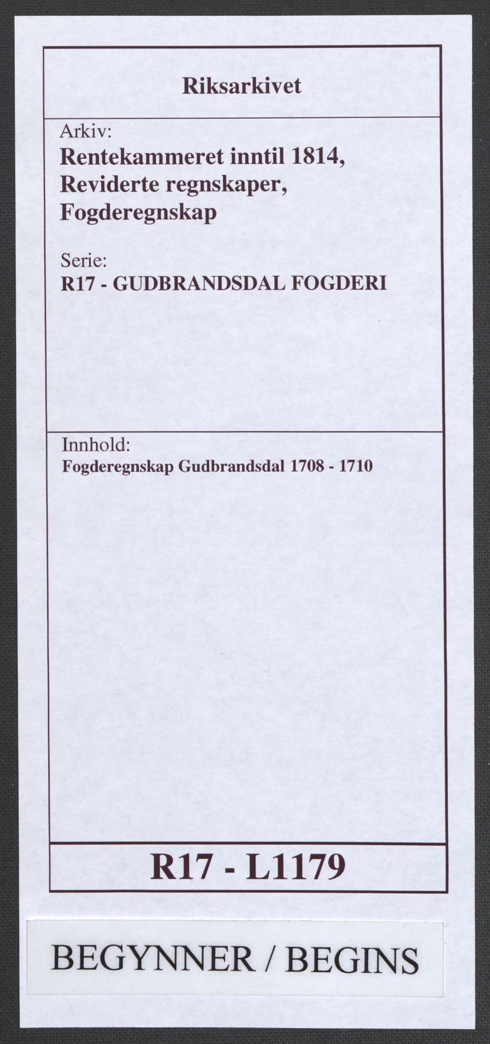 Rentekammeret inntil 1814, Reviderte regnskaper, Fogderegnskap, AV/RA-EA-4092/R17/L1179: Fogderegnskap Gudbrandsdal, 1708-1710, p. 1