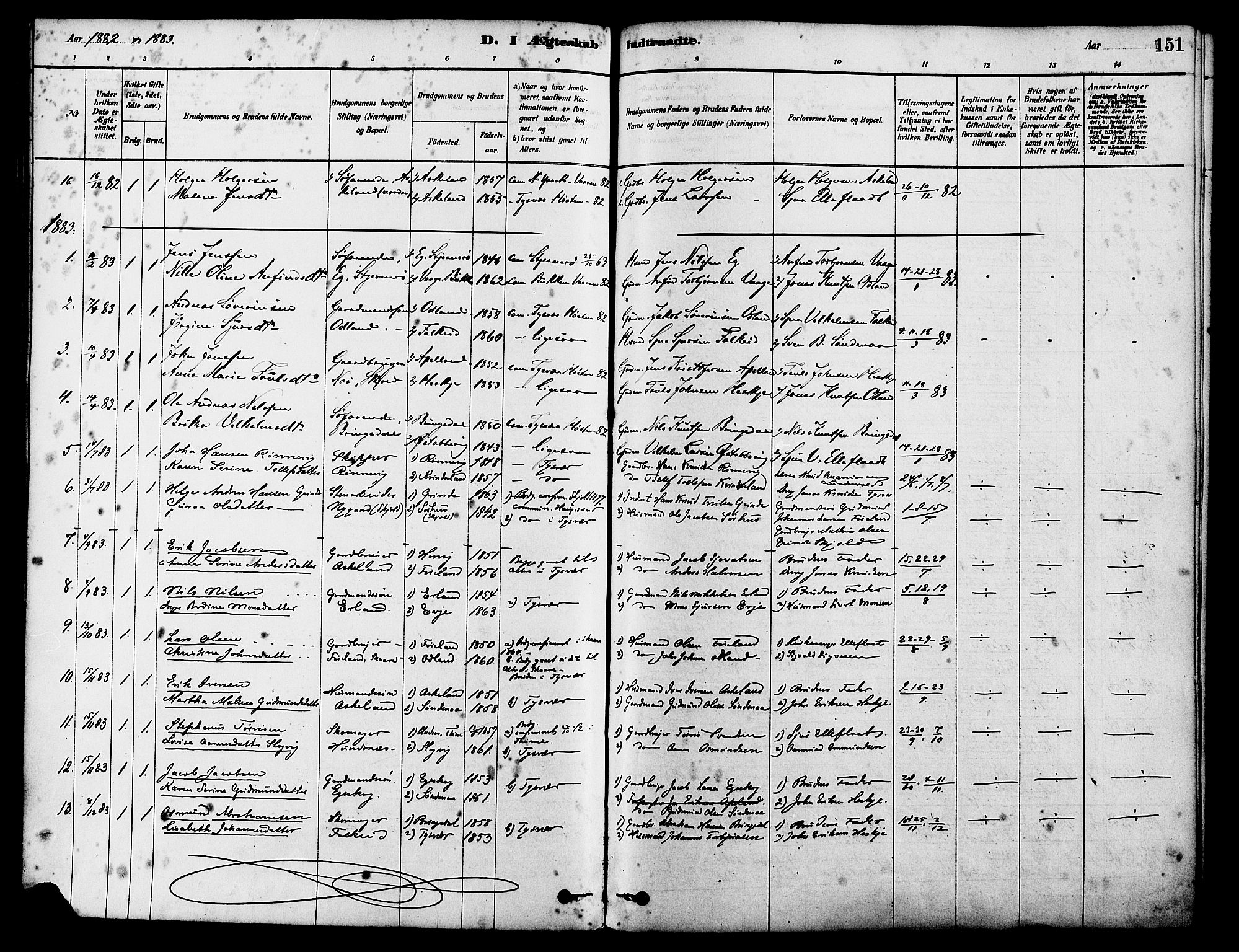 Tysvær sokneprestkontor, SAST/A -101864/H/Ha/Haa/L0006: Parish register (official) no. A 6, 1878-1896, p. 151