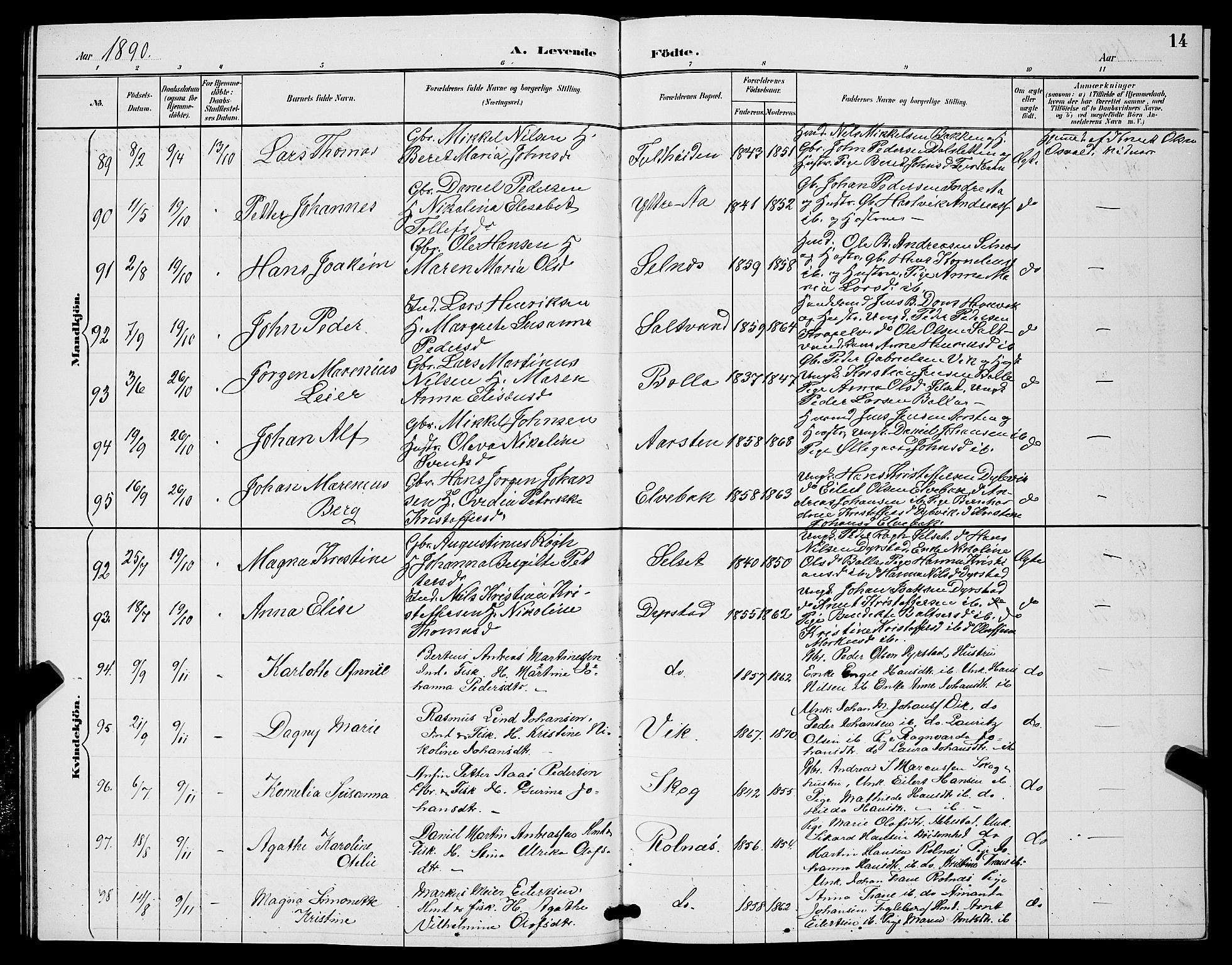 Ibestad sokneprestembete, SATØ/S-0077/H/Ha/Hab/L0008klokker: Parish register (copy) no. 8, 1890-1903, p. 14